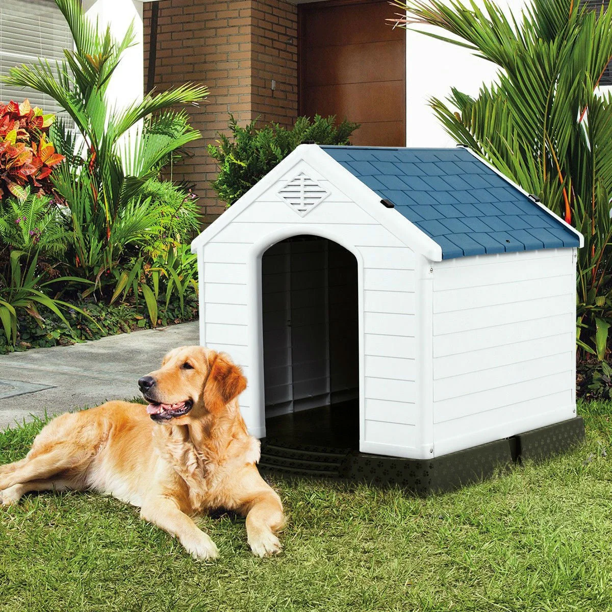 Medium size Outdoor Heavy Duty Blue and White Plastic Dog House - Image 2