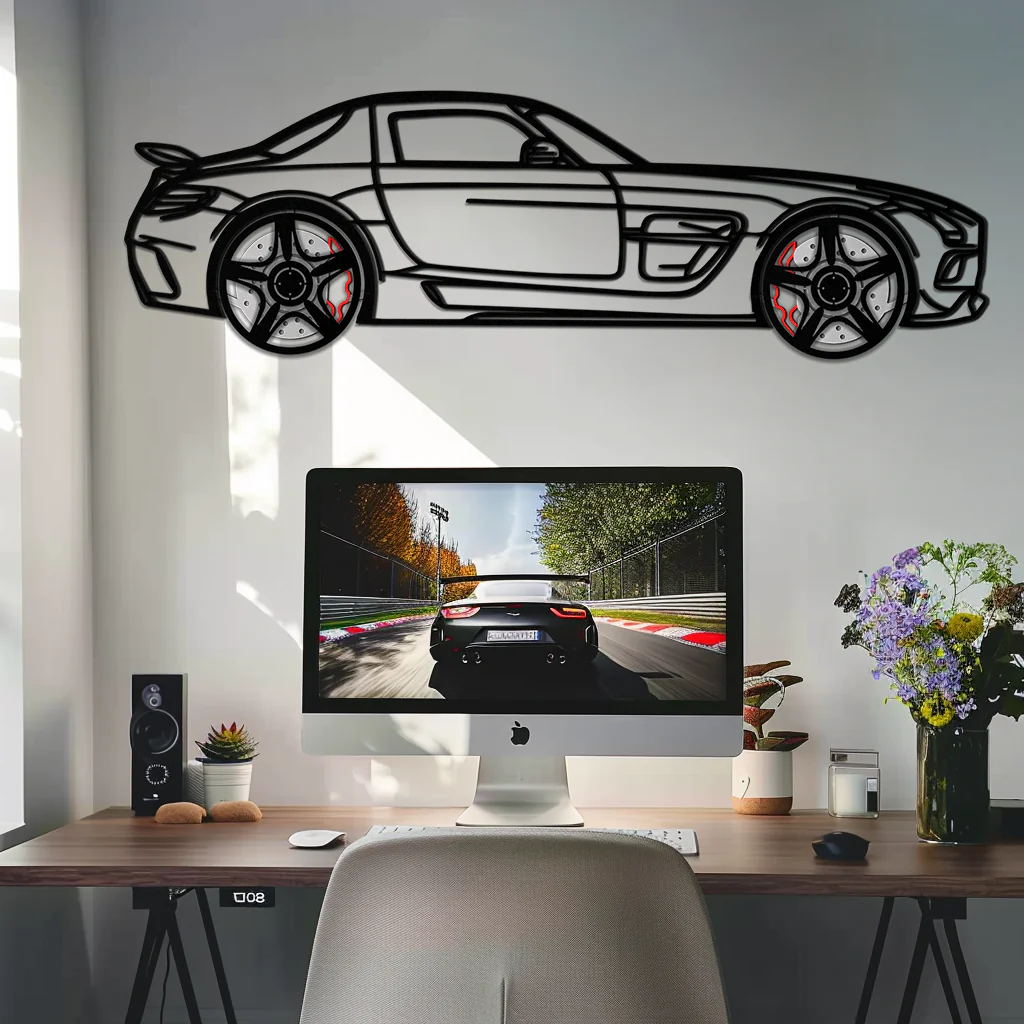 Mercedes SLS AMG Metal Wall Art – Rotating Wheel Car Silhouette • Luxury Automotive Decor • Perfect Gift for Car Lovers - KAFMEKA075 - Image 2
