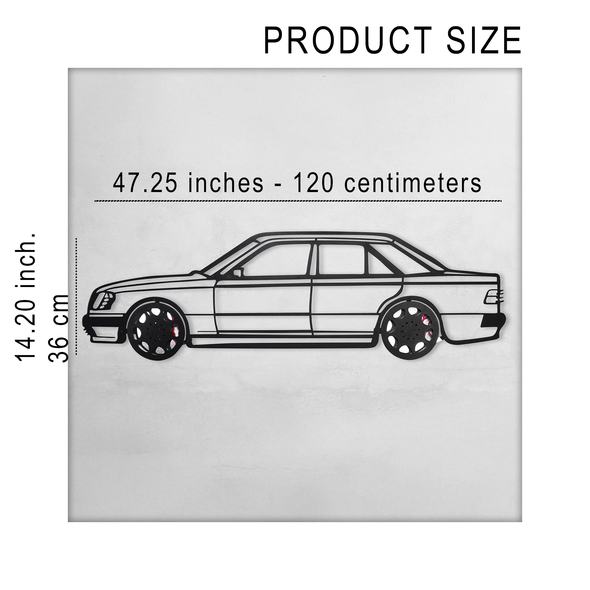 Mercedes W124 Wall Art – Classic Steel Silhouette with Spinning Wheels-KAFMEKA035 - Image 13