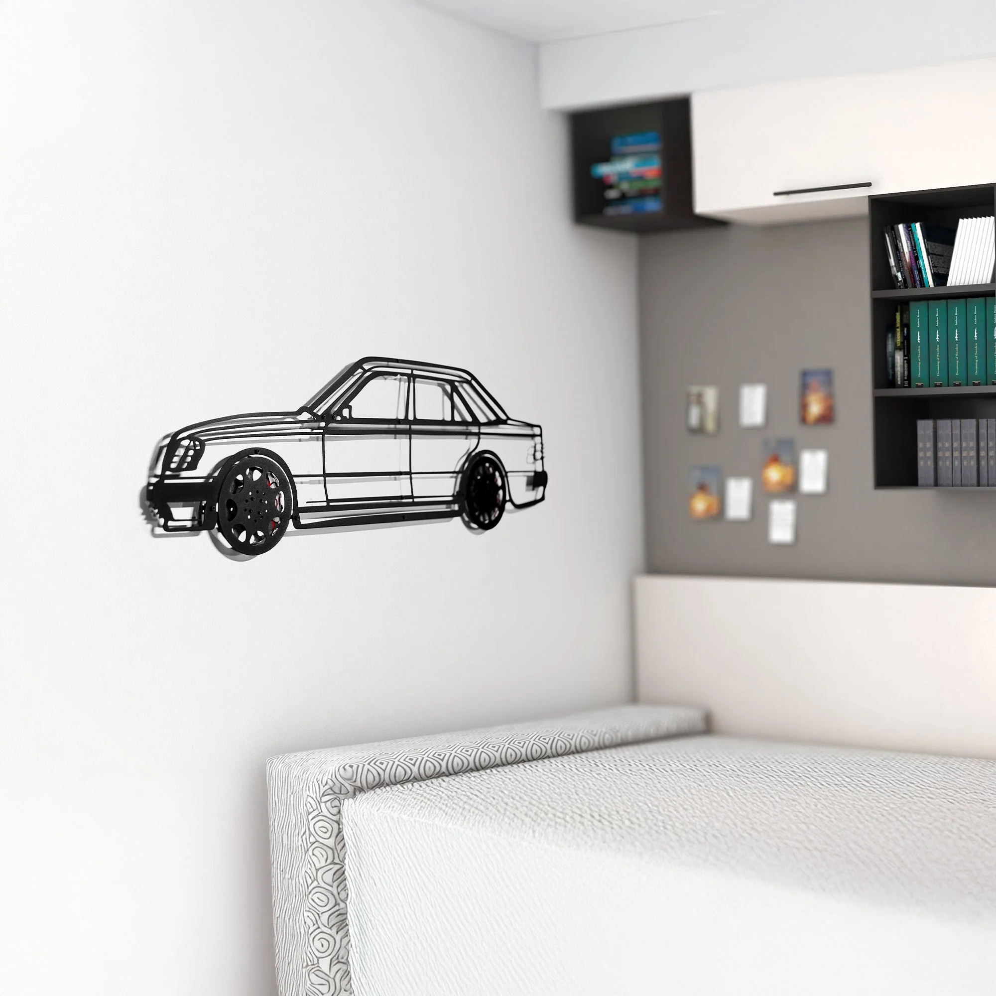 Mercedes W124 Wall Art – Classic Steel Silhouette with Spinning Wheels-KAFMEKA035 - Image 2