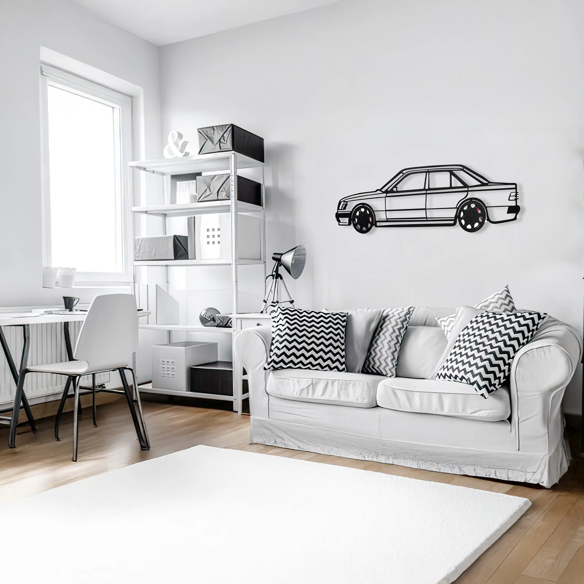 Mercedes W124 Wall Art – Classic Steel Silhouette with Spinning Wheels-KAFMEKA035 - Image 6