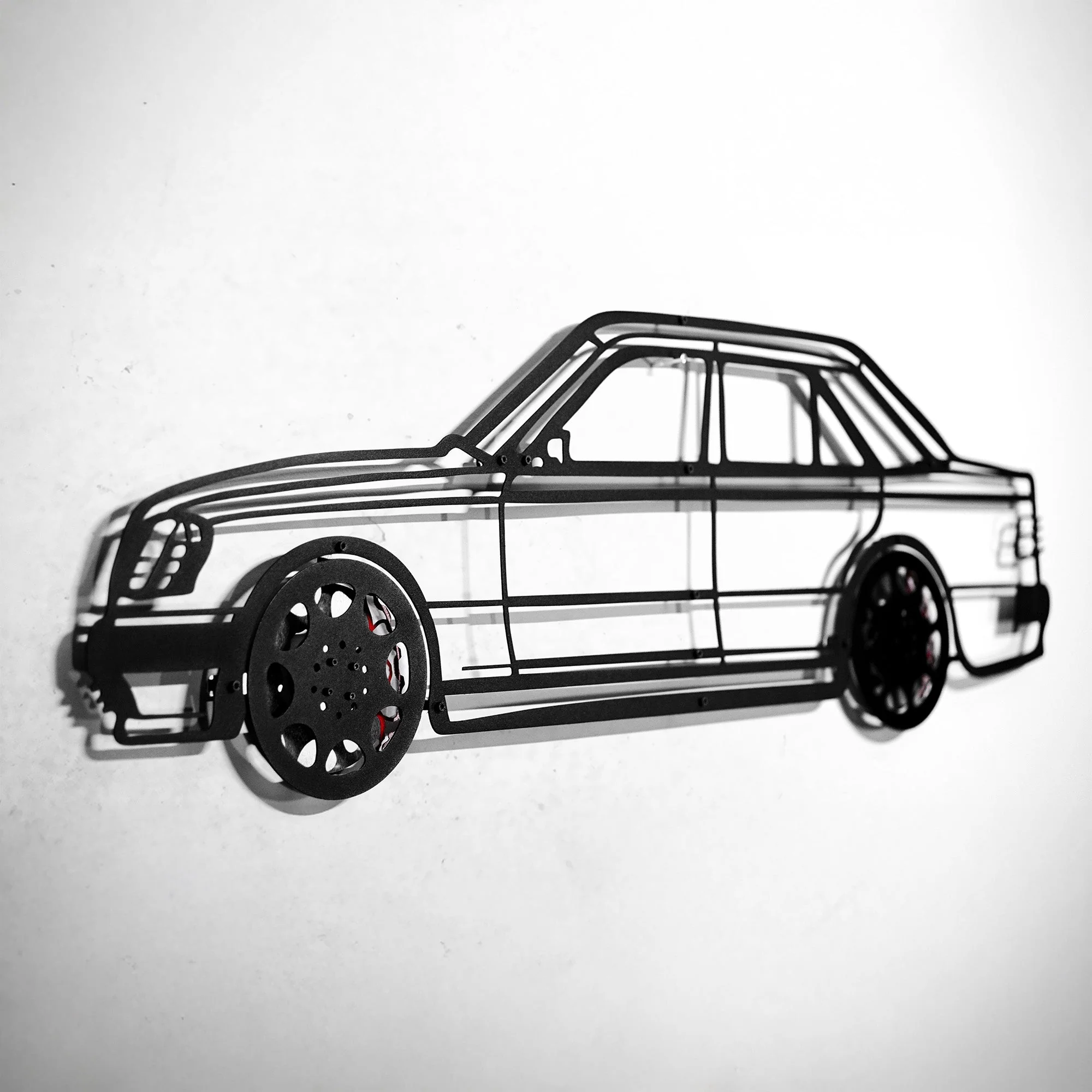 Mercedes W124 Wall Art – Classic Steel Silhouette with Spinning Wheels-KAFMEKA035 - Image 8