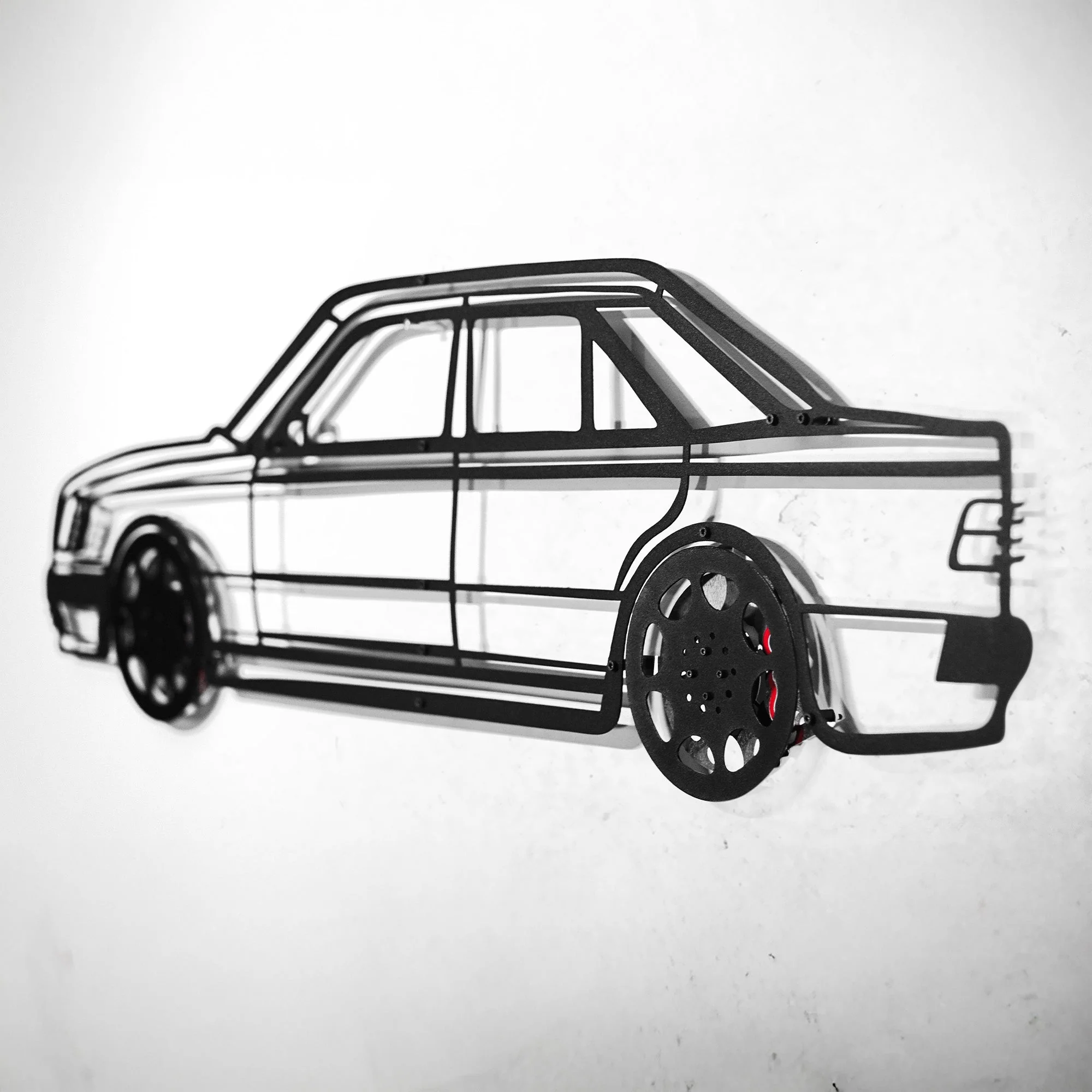 Mercedes W124 Wall Art – Classic Steel Silhouette with Spinning Wheels-KAFMEKA035 - Image 9