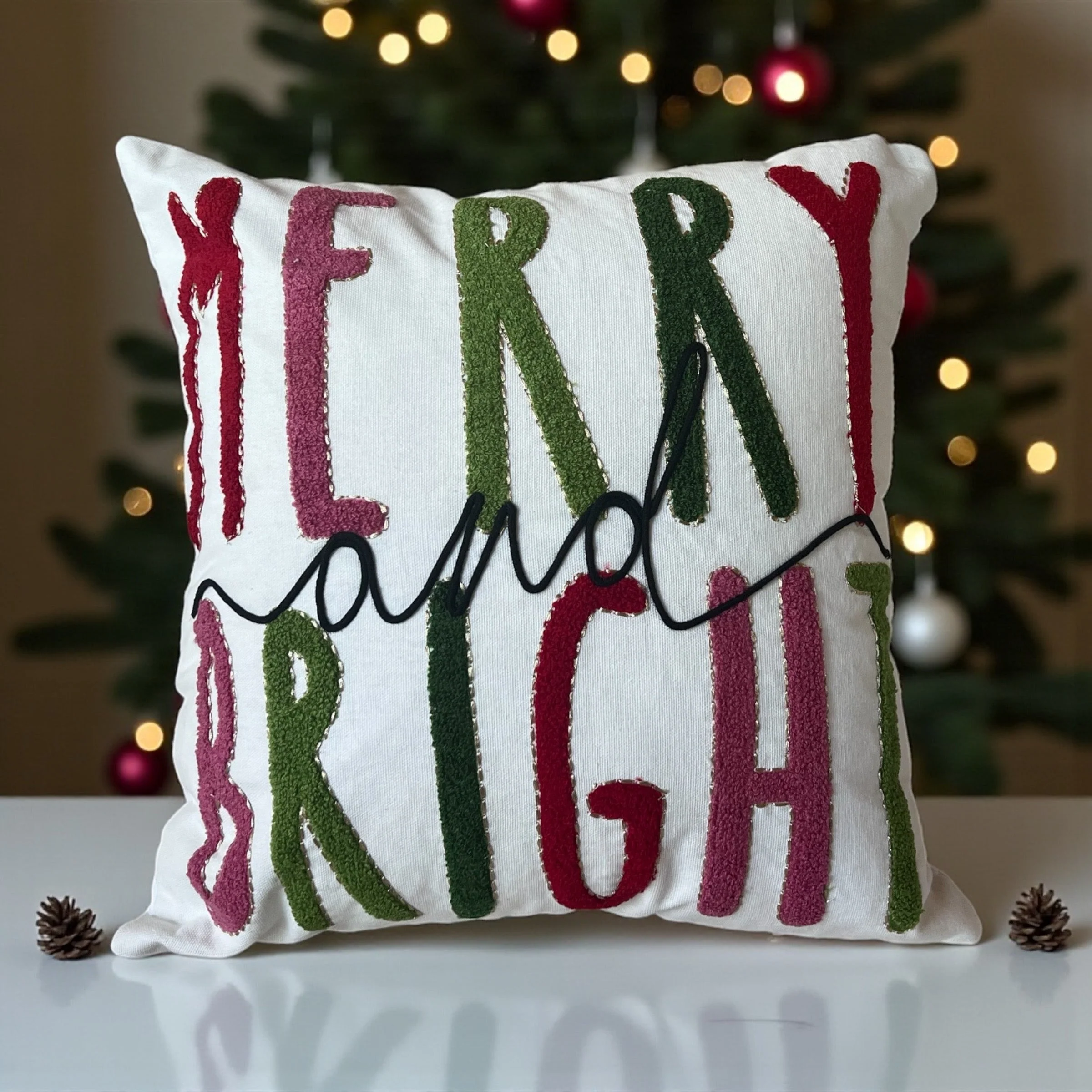 Merry and Bright Embroidered Christmas Themed Pillow - Image 3
