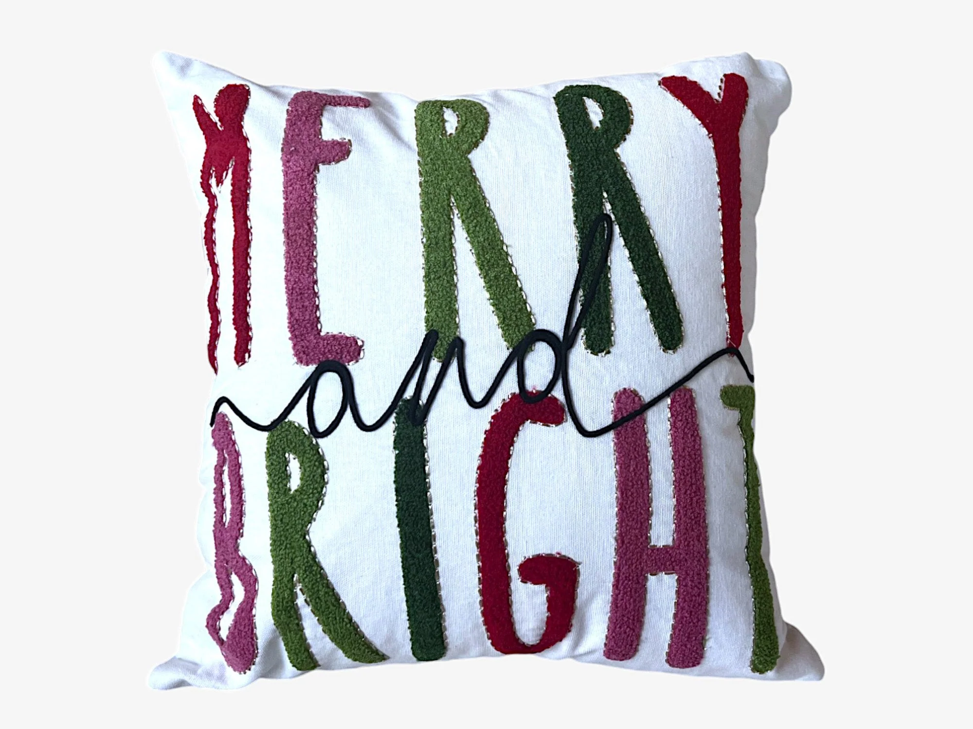 Merry and Bright Embroidered Christmas Themed Pillow - Image 5