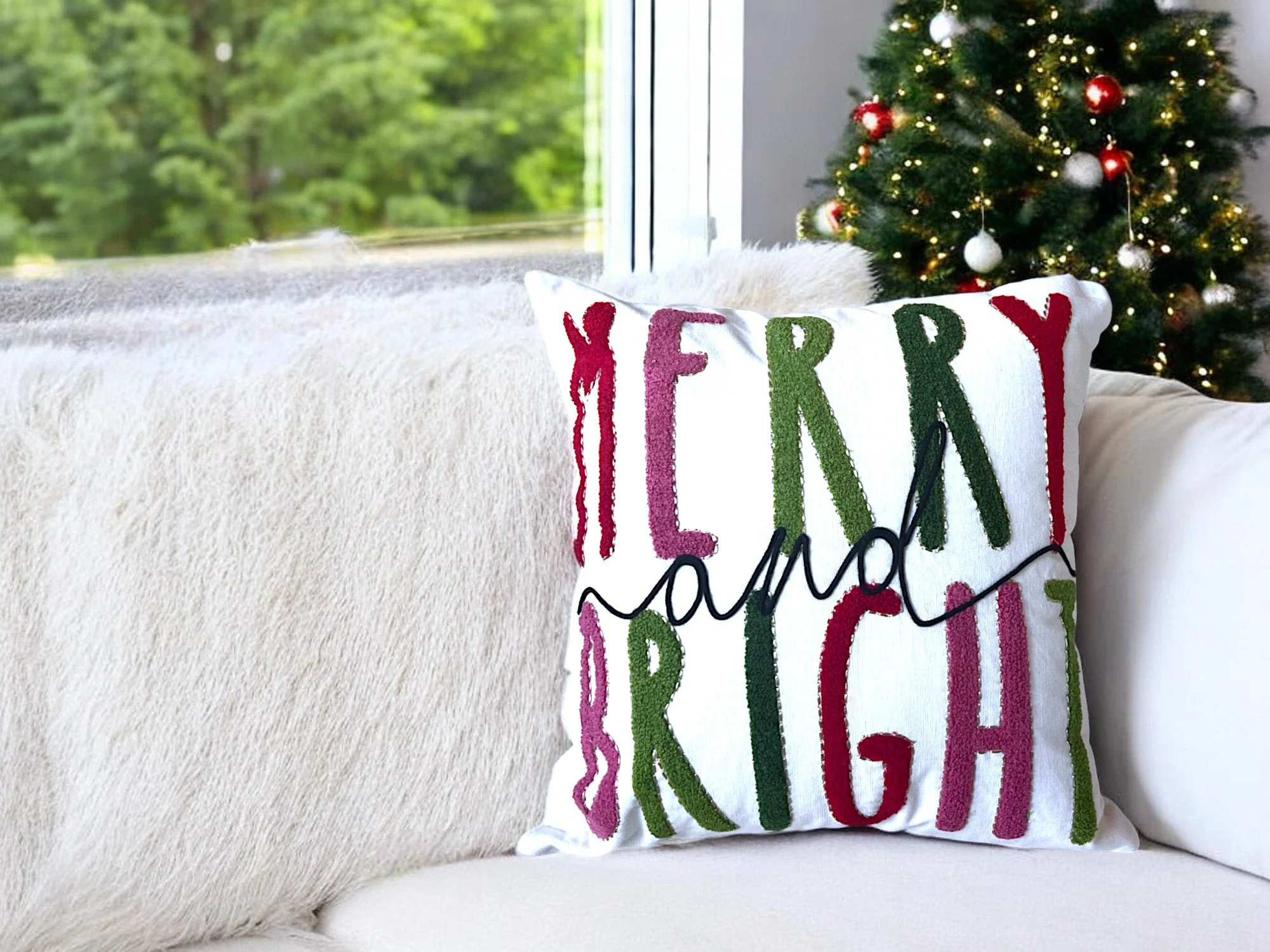 Merry and Bright Embroidered Christmas Themed Pillow - Image 8