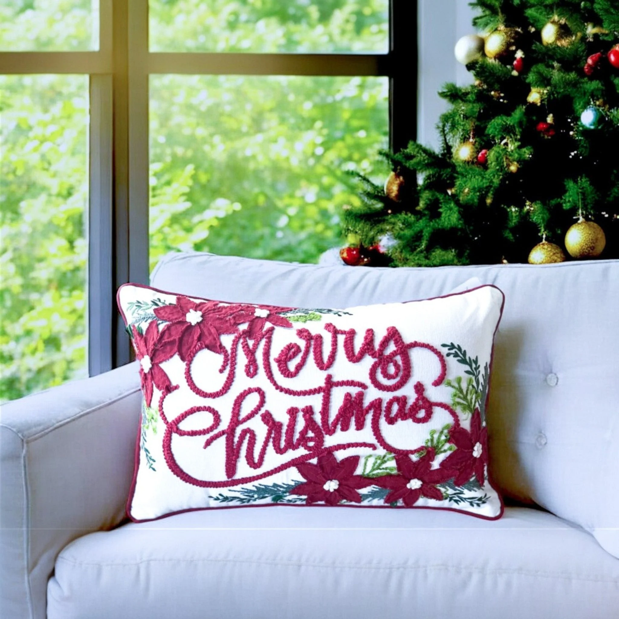 Merry Christmas Vintage Poinsettia Throw Pillow - Image 2