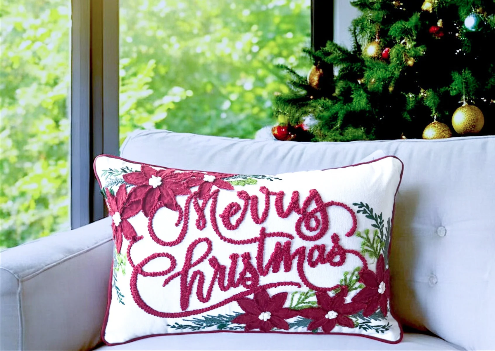 Merry Christmas Vintage Poinsettia Throw Pillow - Image 4