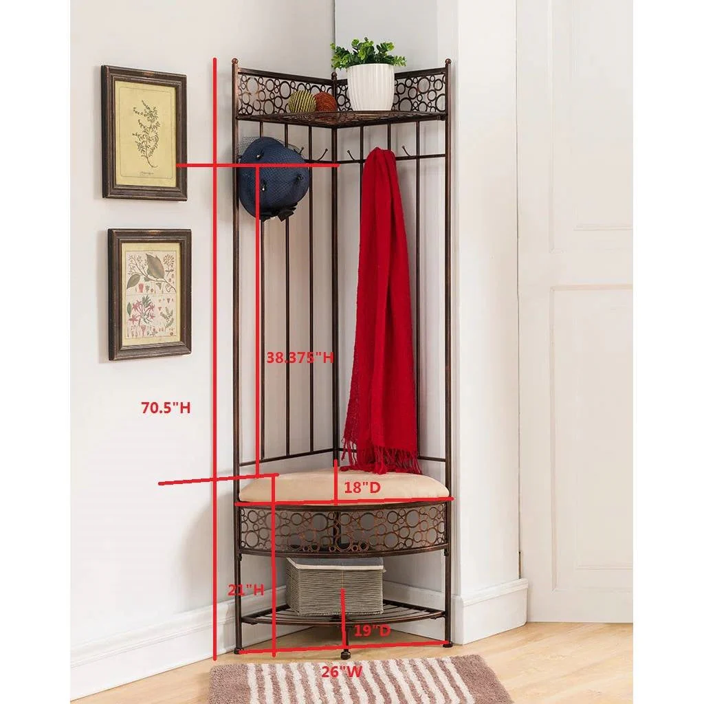 Metal Corner Hall Tree Foyer Entryway Shoe Storage Bench Coat Rack in Copper - Image 4