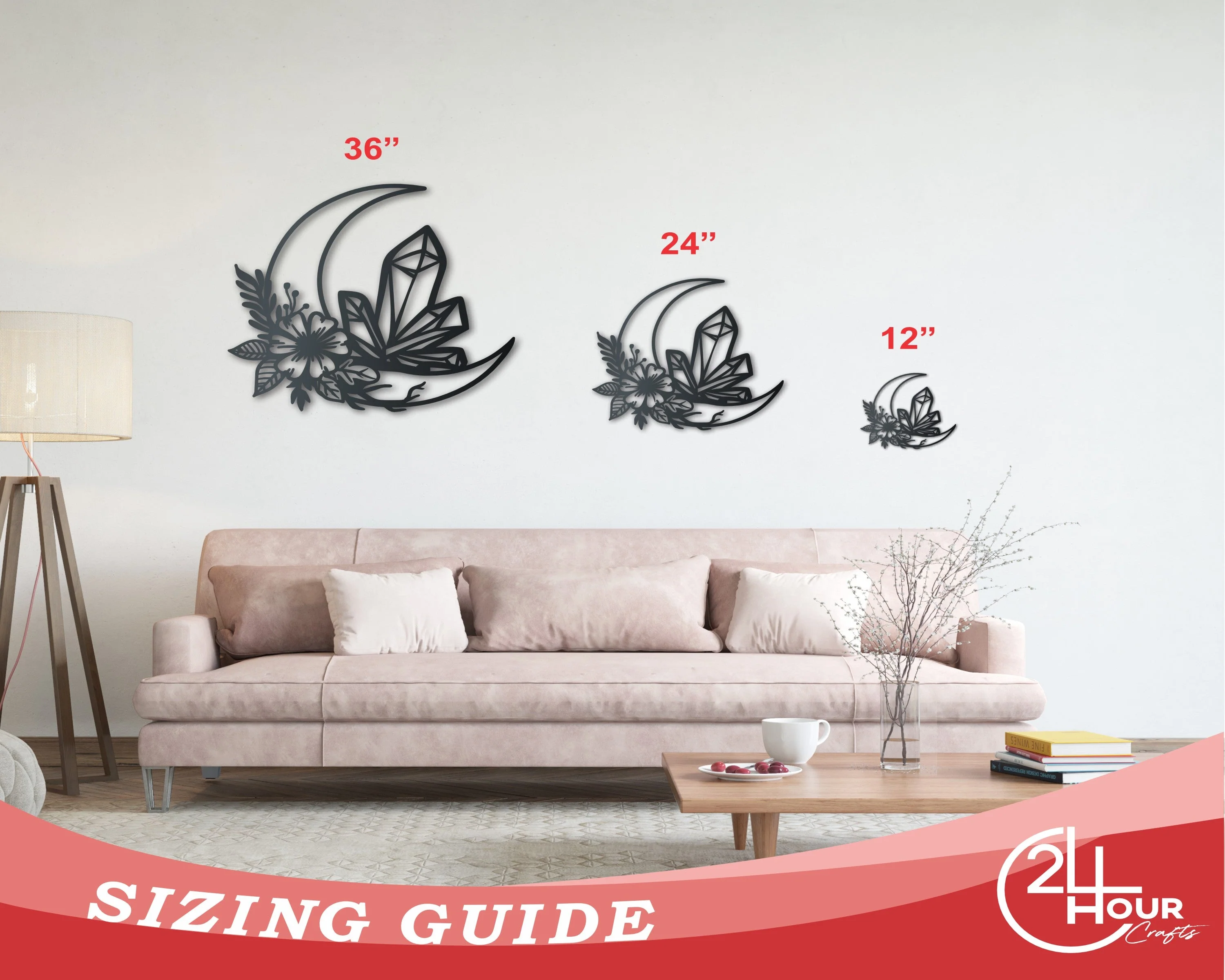 Metal Crystal Crescent Moon Wall Art | Indoor Outdoor | Up to 46" | Over 20 Color Options - Image 3