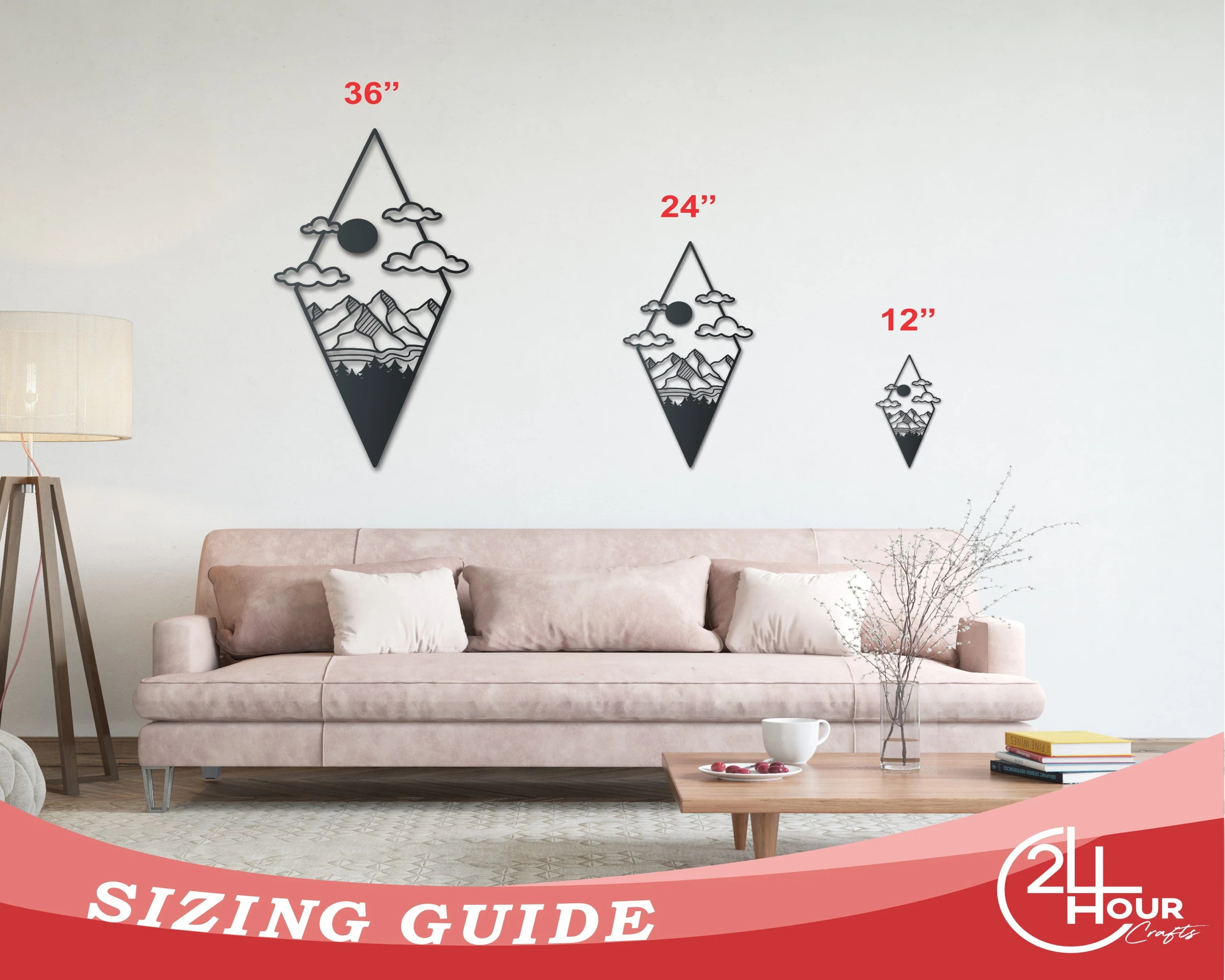 Metal Diamond Mountain Clouds Wall Art | Indoor Outdoor | Up to 46" | Over 20 Color Options - Image 3