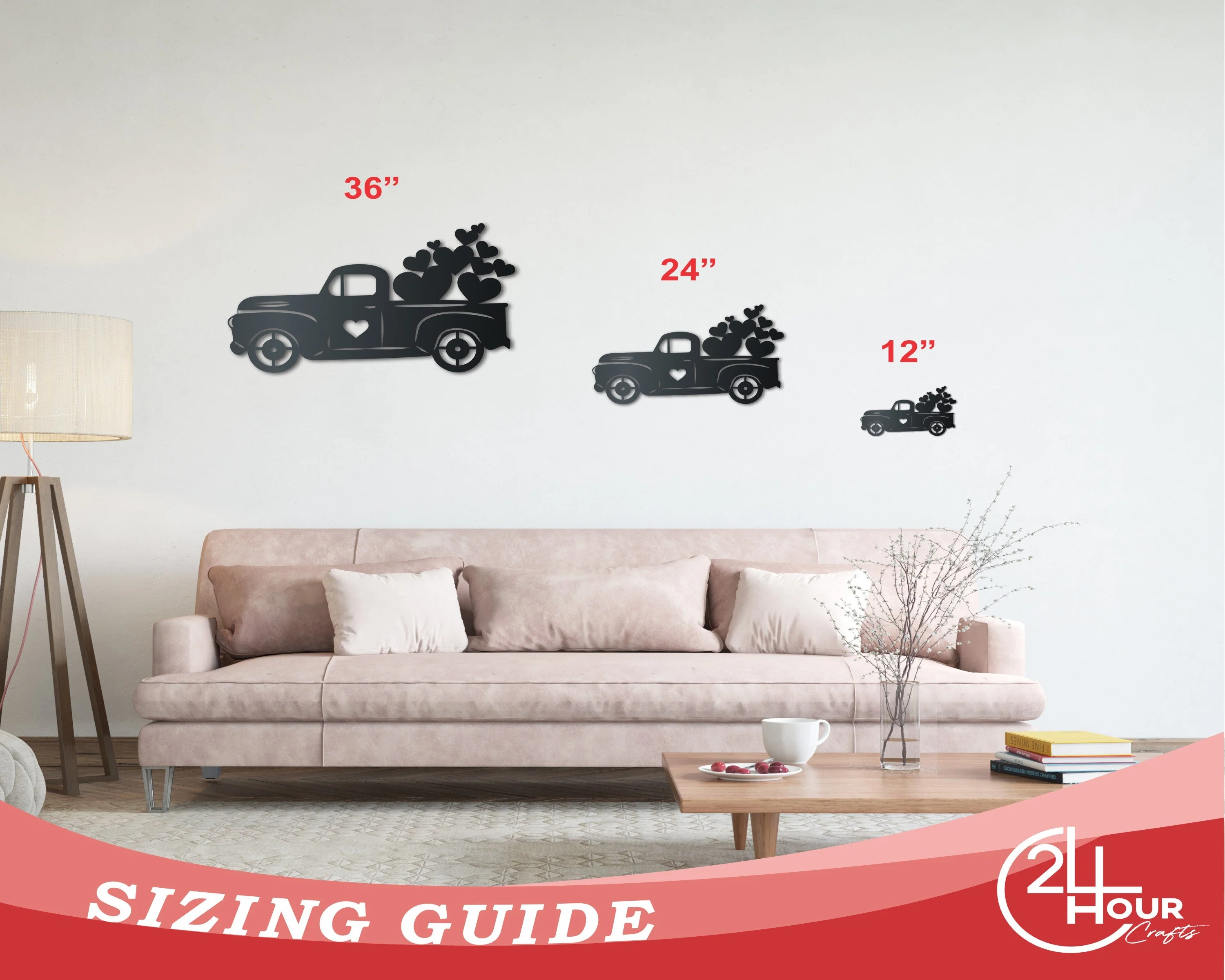 Metal Pickup Truck with Hearts Wall Art - Custom Metal Sign - 14 Color Options - Image 3
