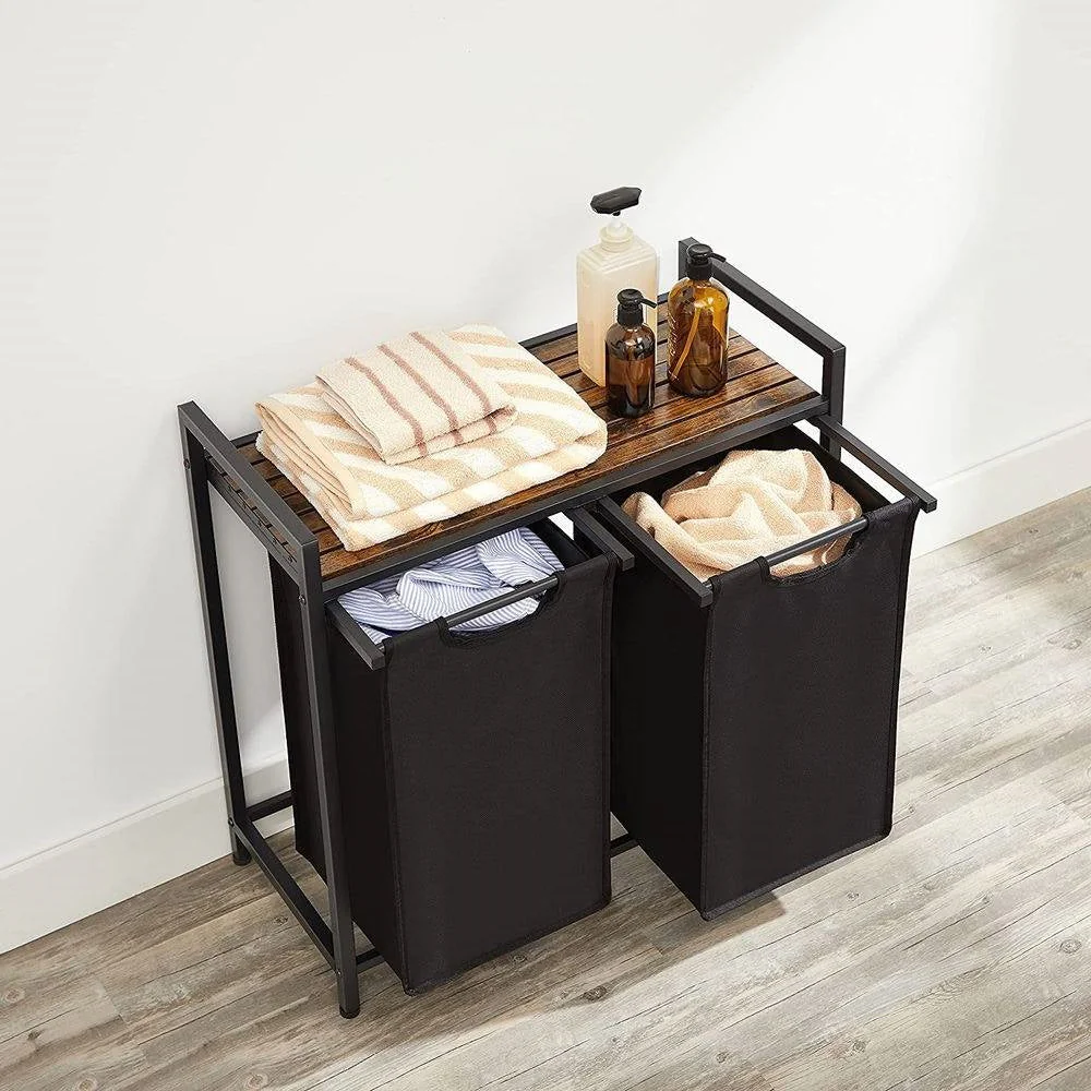 Metal Wood Industrial Modern Laundry Sorter Hamper Black/Brown - Image 2