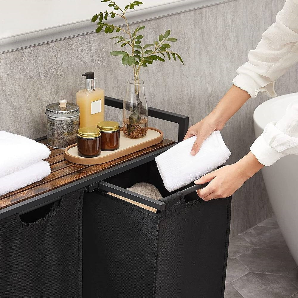 Metal Wood Industrial Modern Laundry Sorter Hamper Black/Brown - Image 3