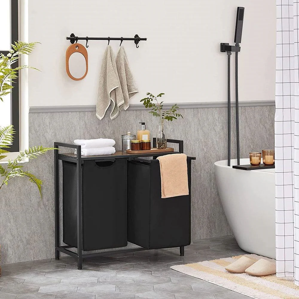 Metal Wood Industrial Modern Laundry Sorter Hamper Black/Brown - Image 5