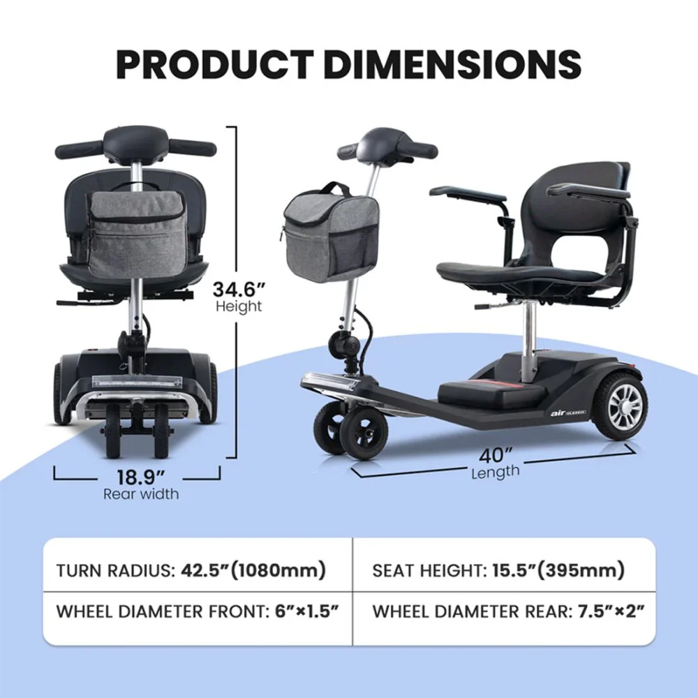 Metro Mobility Air Classic Electric 24V/12AH 250W Airline Approved Portable Folding Mobility Scooter, 265LBS (SAK96425) - Image 10