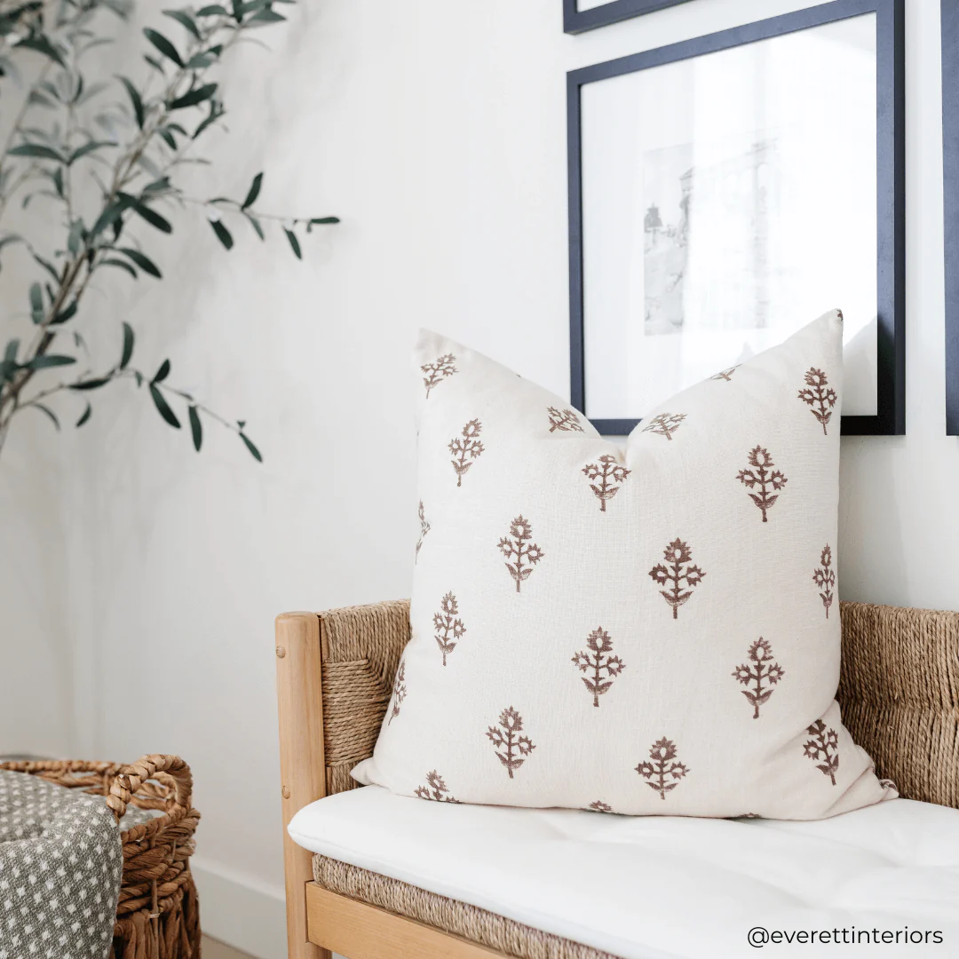 Mia Floral Block Printed Pillow Cover | Brown - Image 10