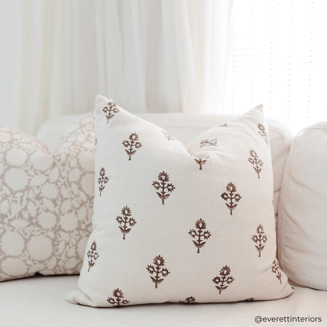Mia Floral Block Printed Pillow Cover | Brown - Image 11
