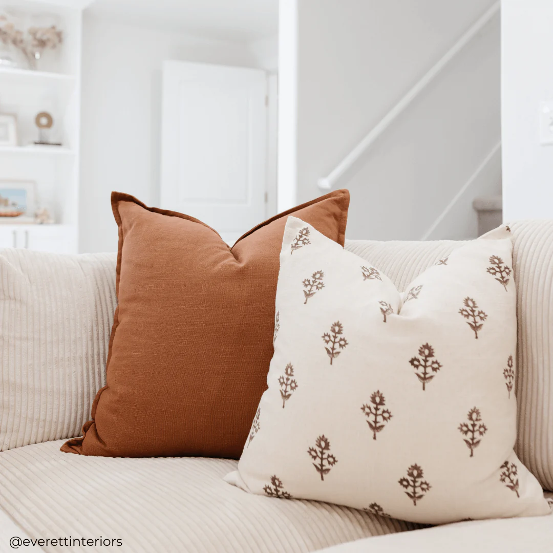 Mia Floral Block Printed Pillow Cover | Brown - Image 12