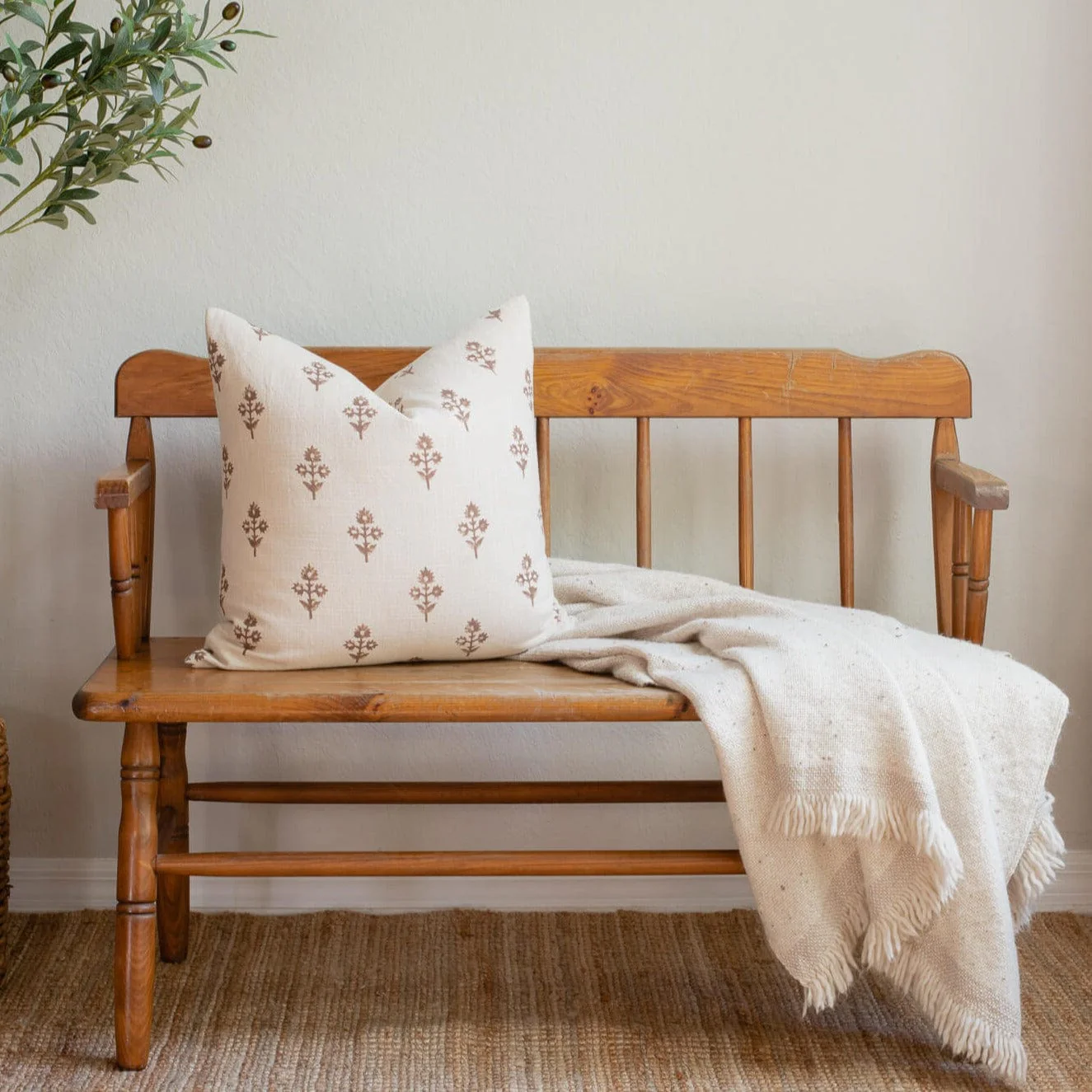 Mia Floral Block Printed Pillow Cover | Brown - Image 13