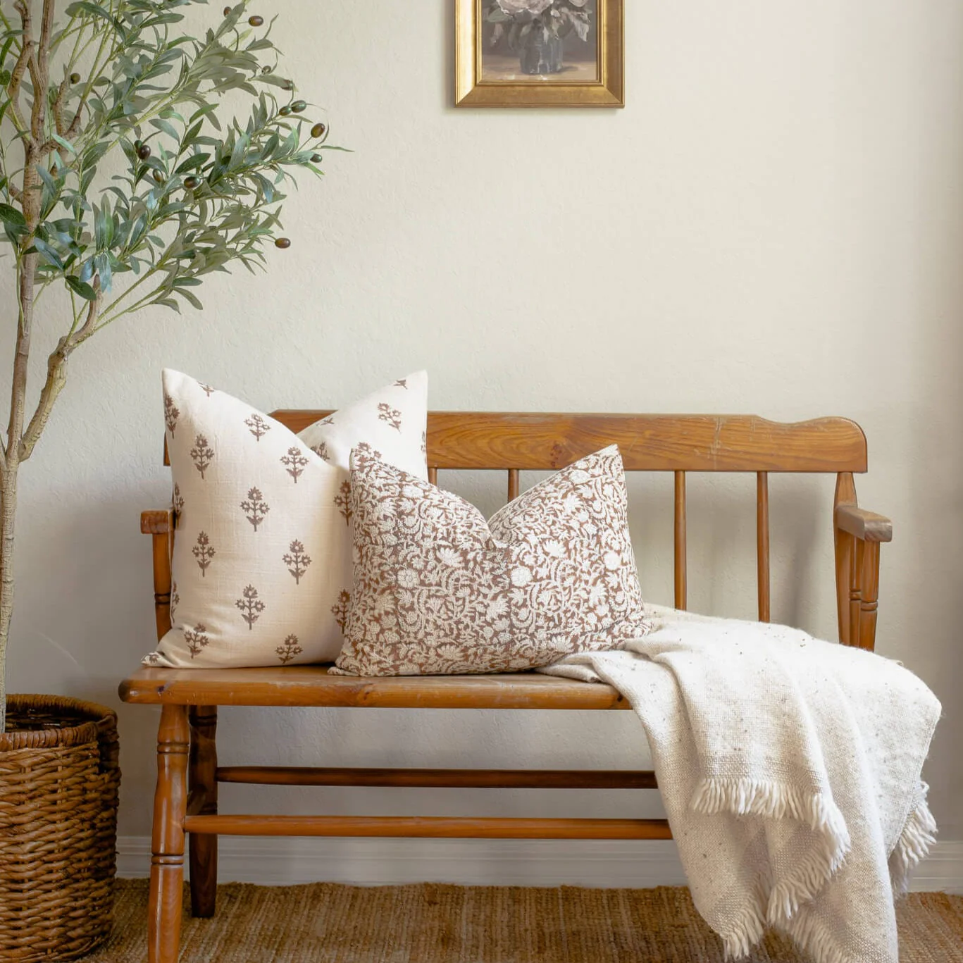Mia Floral Block Printed Pillow Cover | Brown - Image 14