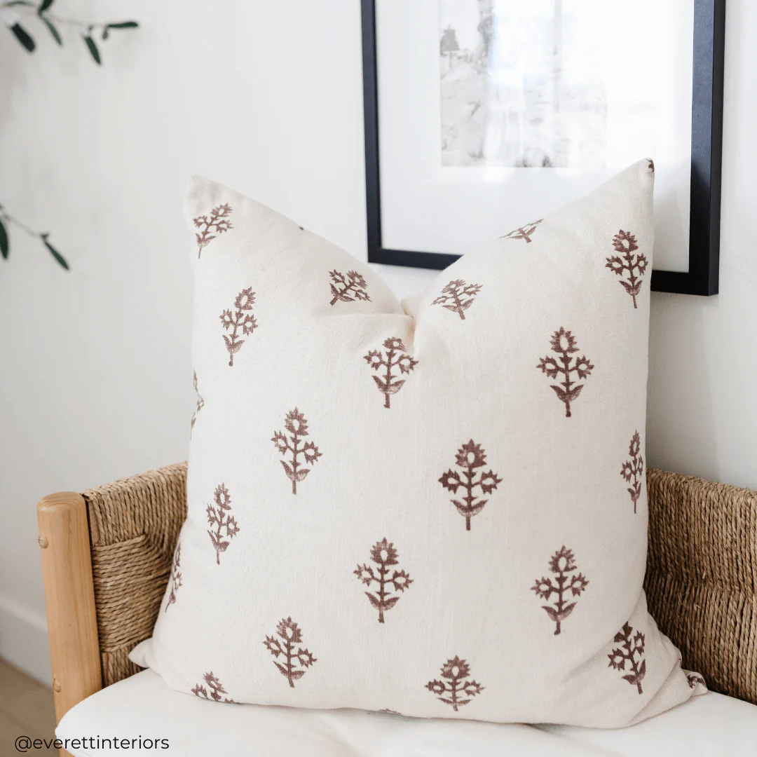 Mia Floral Block Printed Pillow Cover | Brown - Image 2