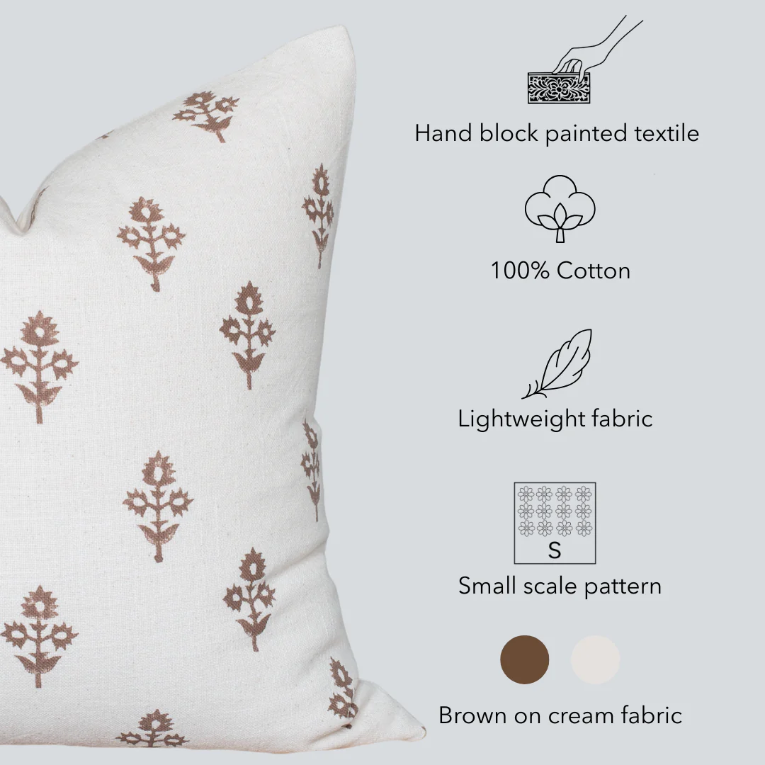 Mia Floral Block Printed Pillow Cover | Brown - Image 4