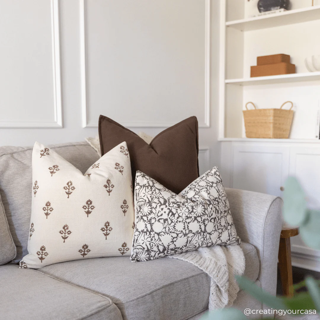 Mia Floral Block Printed Pillow Cover | Brown - Image 5