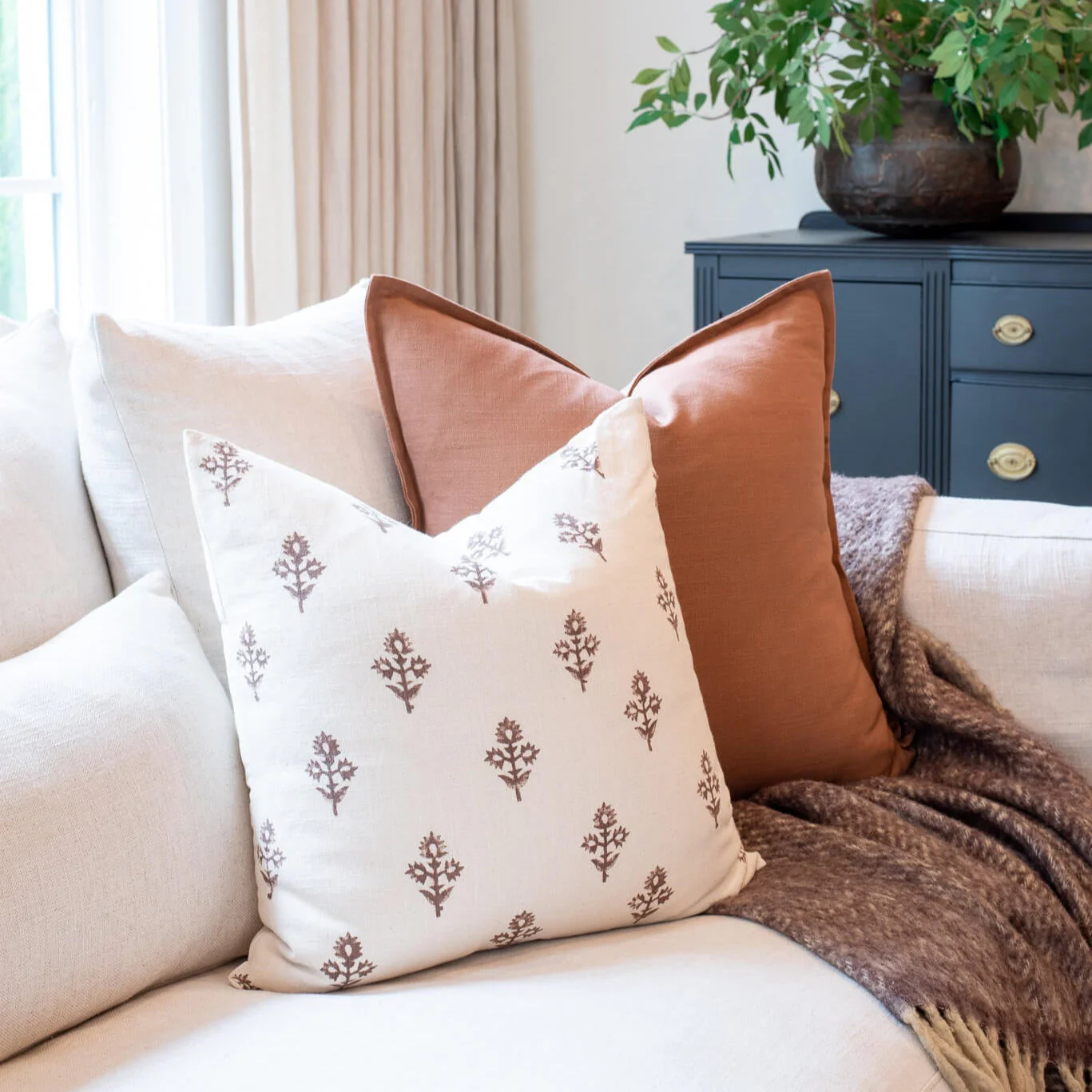 Mia Floral Block Printed Pillow Cover | Brown - Image 7