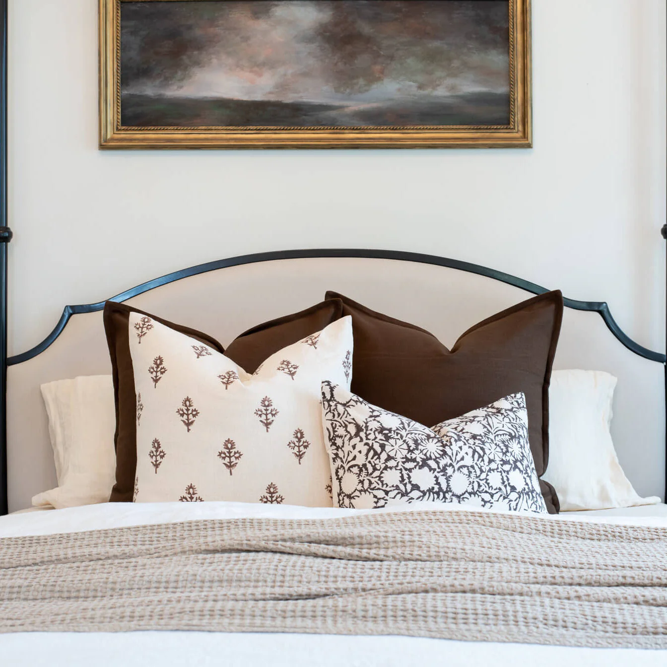 Mia Floral Block Printed Pillow Cover | Brown - Image 8
