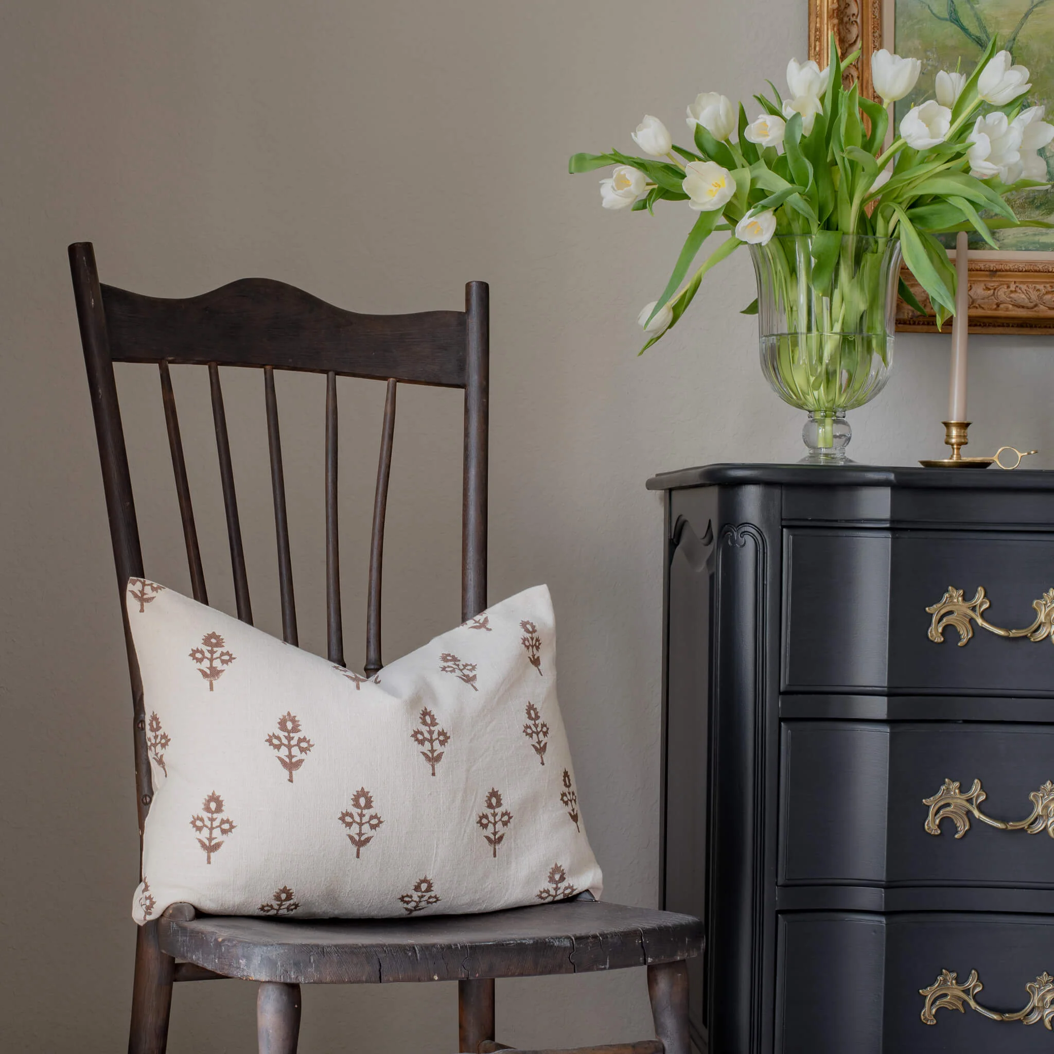 Mia Floral Block Printed Pillow Cover | Brown | Lumbar - Image 3