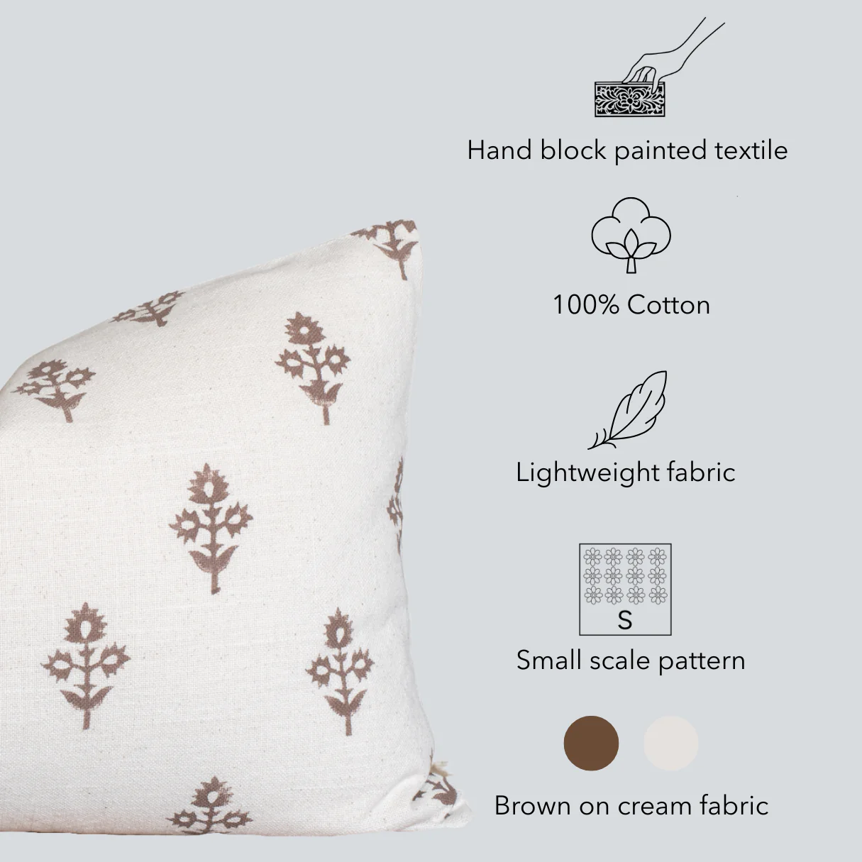 Mia Floral Block Printed Pillow Cover | Brown | Lumbar - Image 4