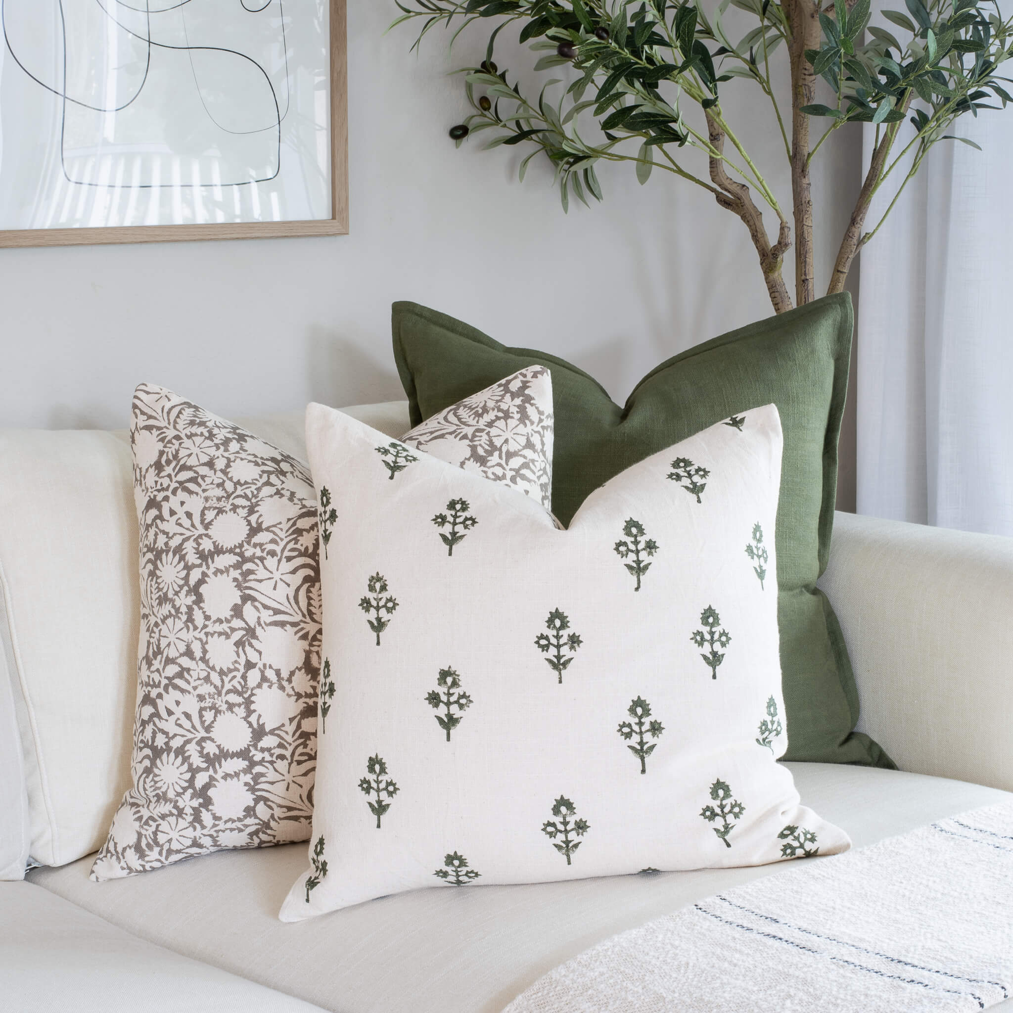 Mia Floral Block Printed Pillow Cover | Forest Green - Image 10
