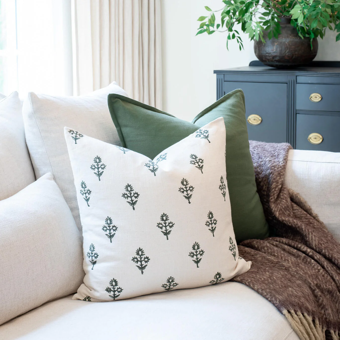 Mia Floral Block Printed Pillow Cover | Forest Green - Image 2