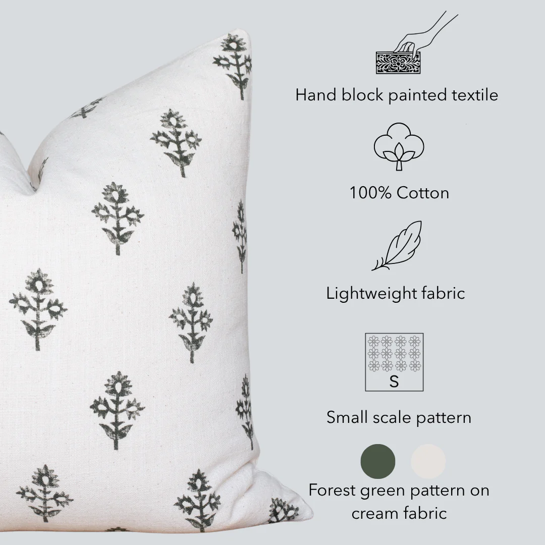 Mia Floral Block Printed Pillow Cover | Forest Green - Image 4