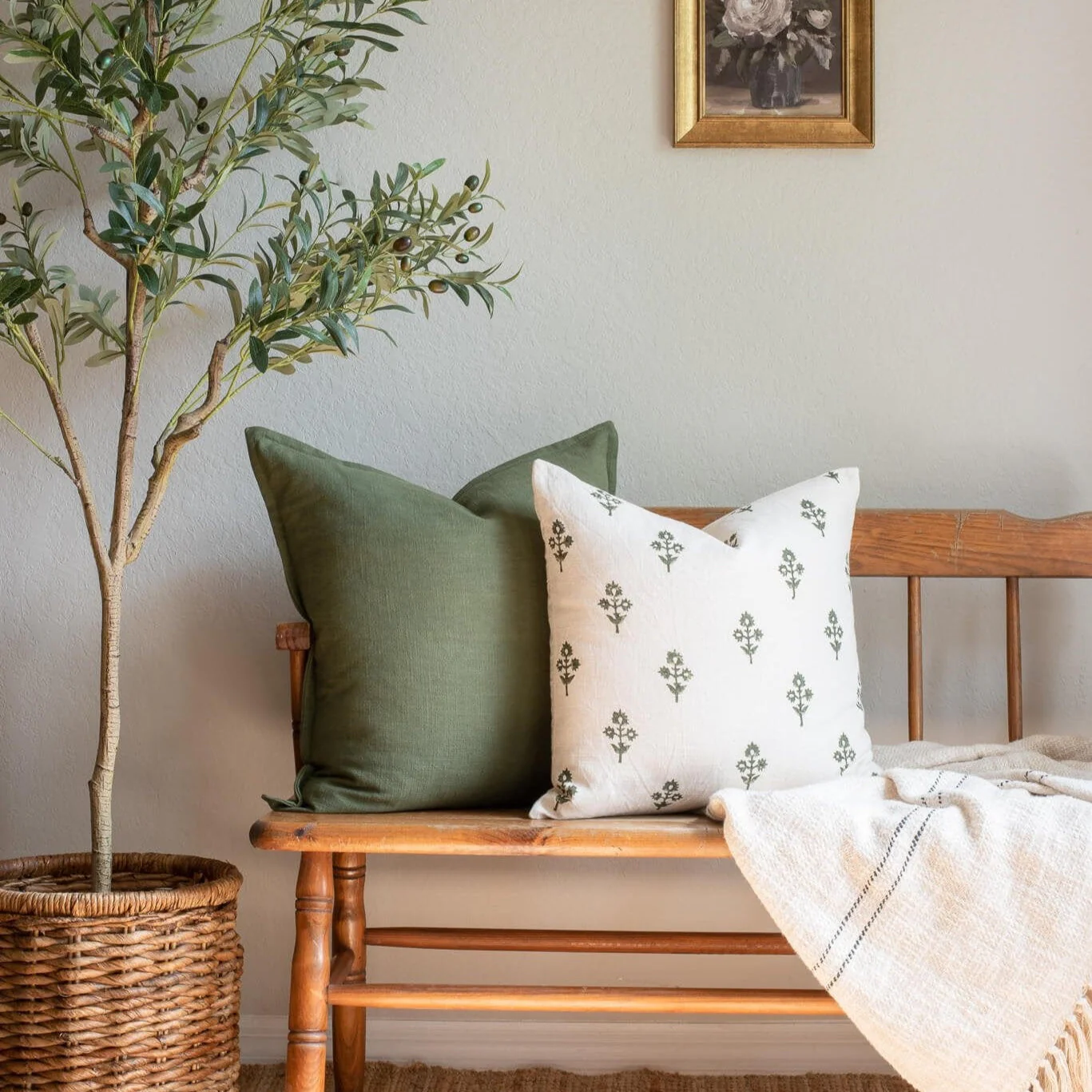 Mia Floral Block Printed Pillow Cover | Forest Green - Image 6