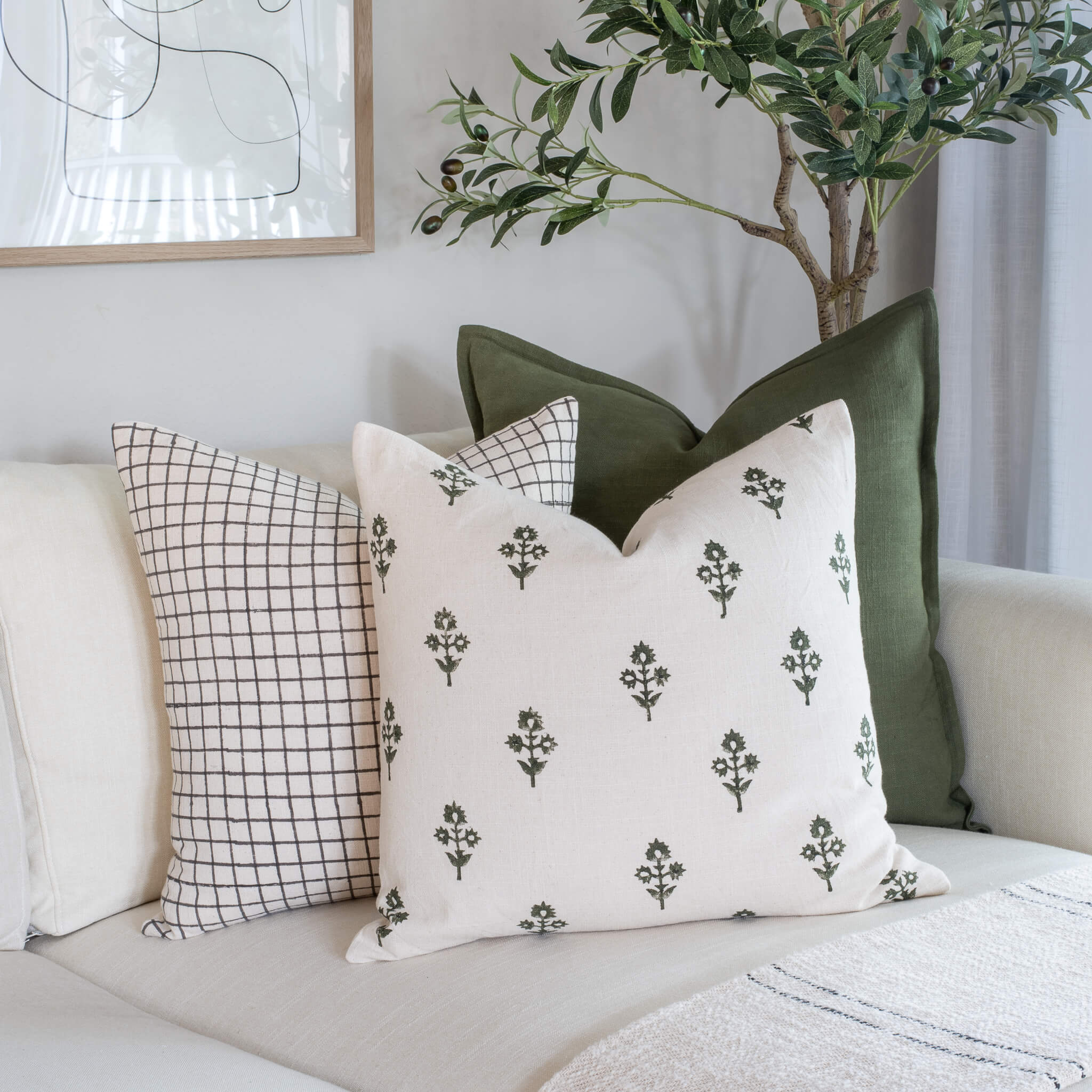 Mia Floral Block Printed Pillow Cover | Forest Green - Image 8