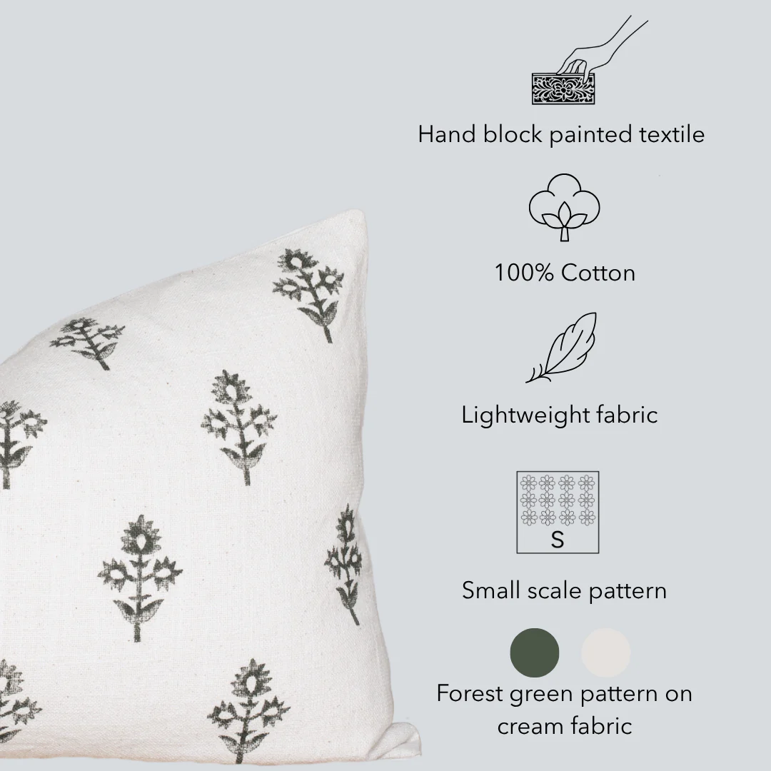 Mia Floral Block Printed Pillow Cover | Forest Green | Lumbar - Image 3