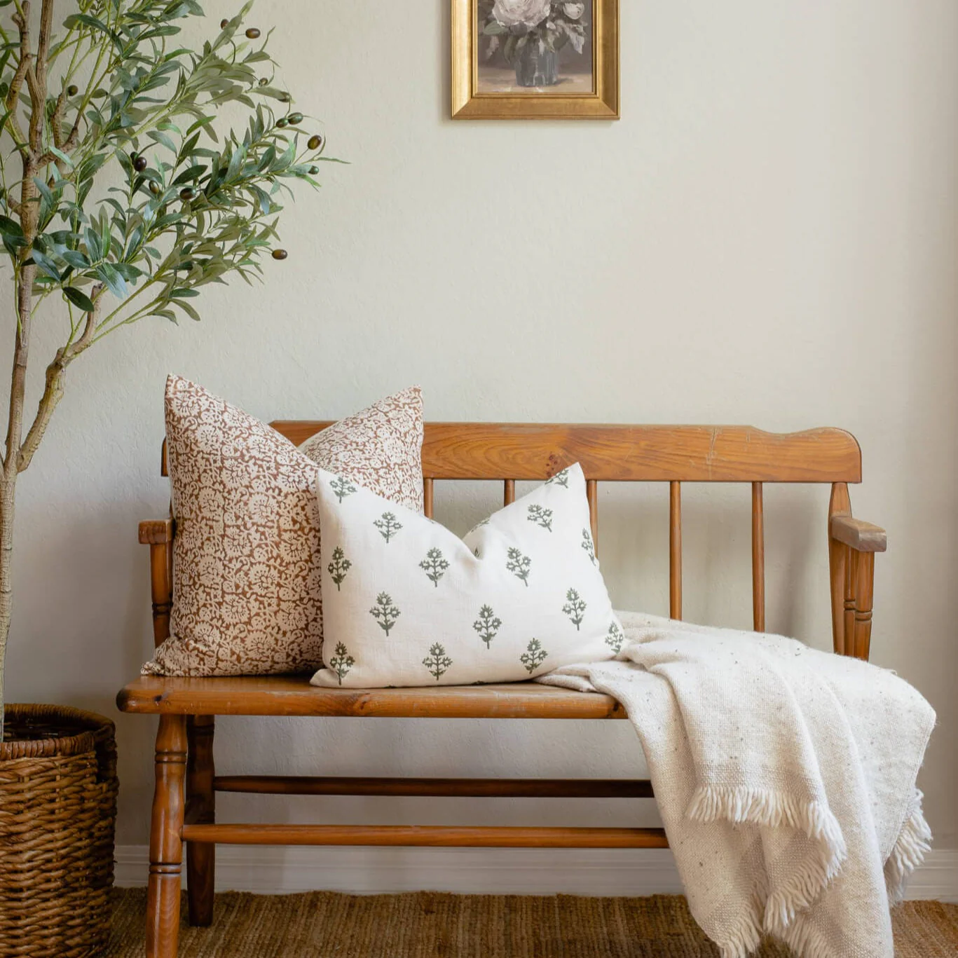 Mia Floral Block Printed Pillow Cover | Forest Green | Lumbar - Image 4