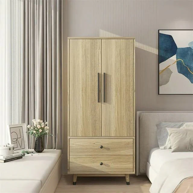 Mid-Century 2-Door Armoire Wardrobe Cabinet with Hanging Rail in Oak Finish - Image 2