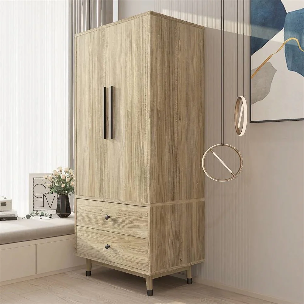 Mid-Century 2-Door Armoire Wardrobe Cabinet with Hanging Rail in Oak Finish - Image 3