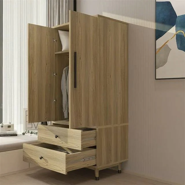 Mid-Century 2-Door Armoire Wardrobe Cabinet with Hanging Rail in Oak Finish - Image 4