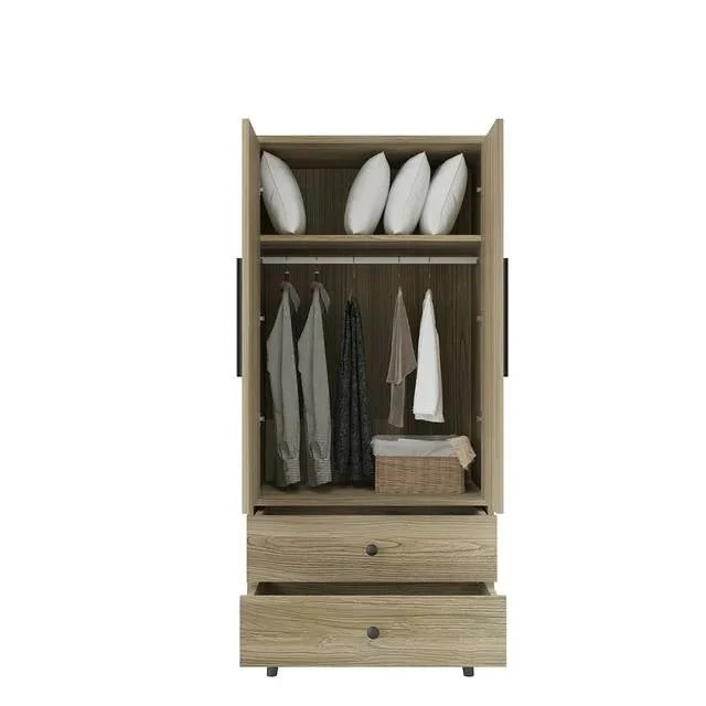Mid-Century 2-Door Armoire Wardrobe Cabinet with Hanging Rail in Oak Finish - Image 5