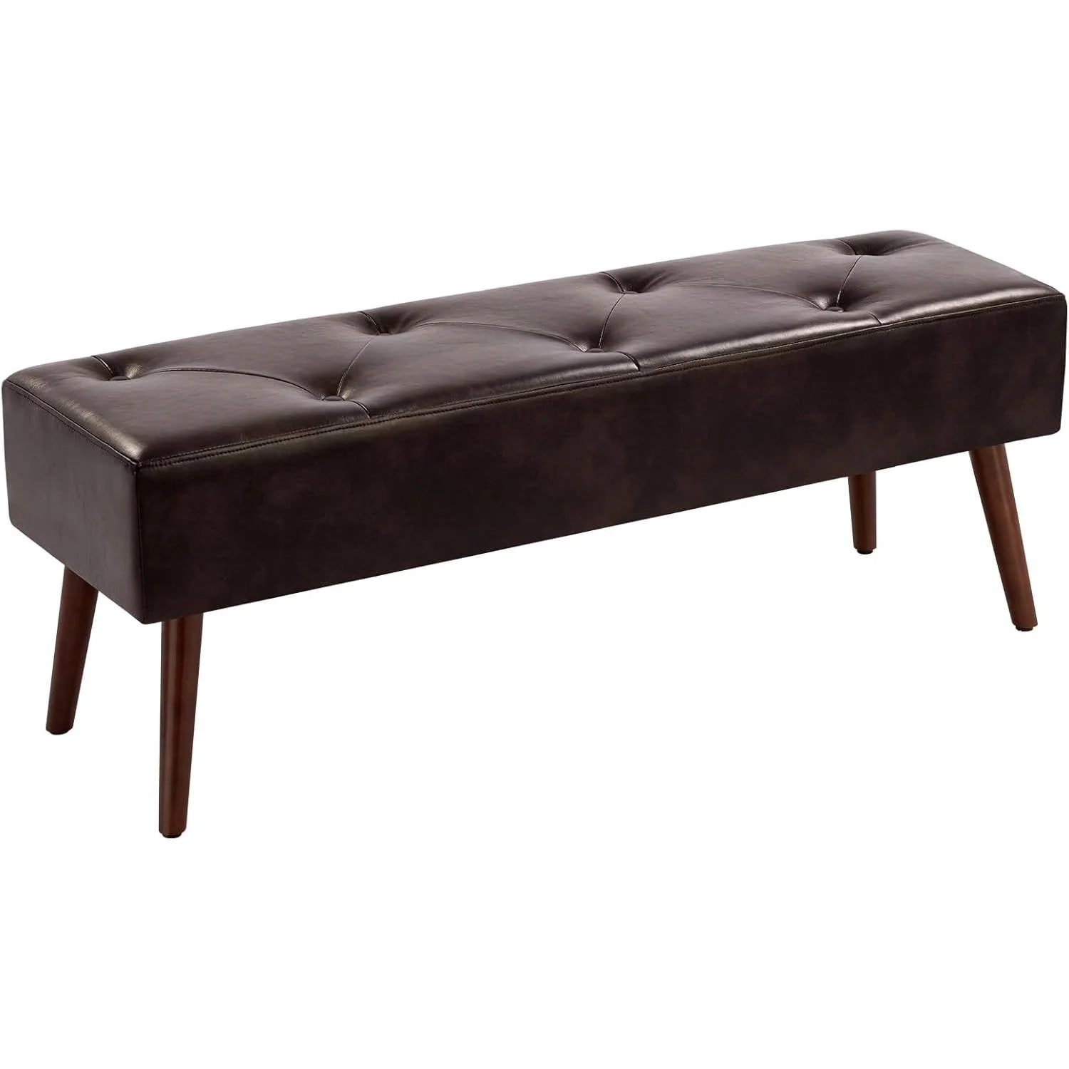 Mid-Century Bed Bench with Dark Brown Leather Upholstered Seat Solid Wood Legs - Image 2