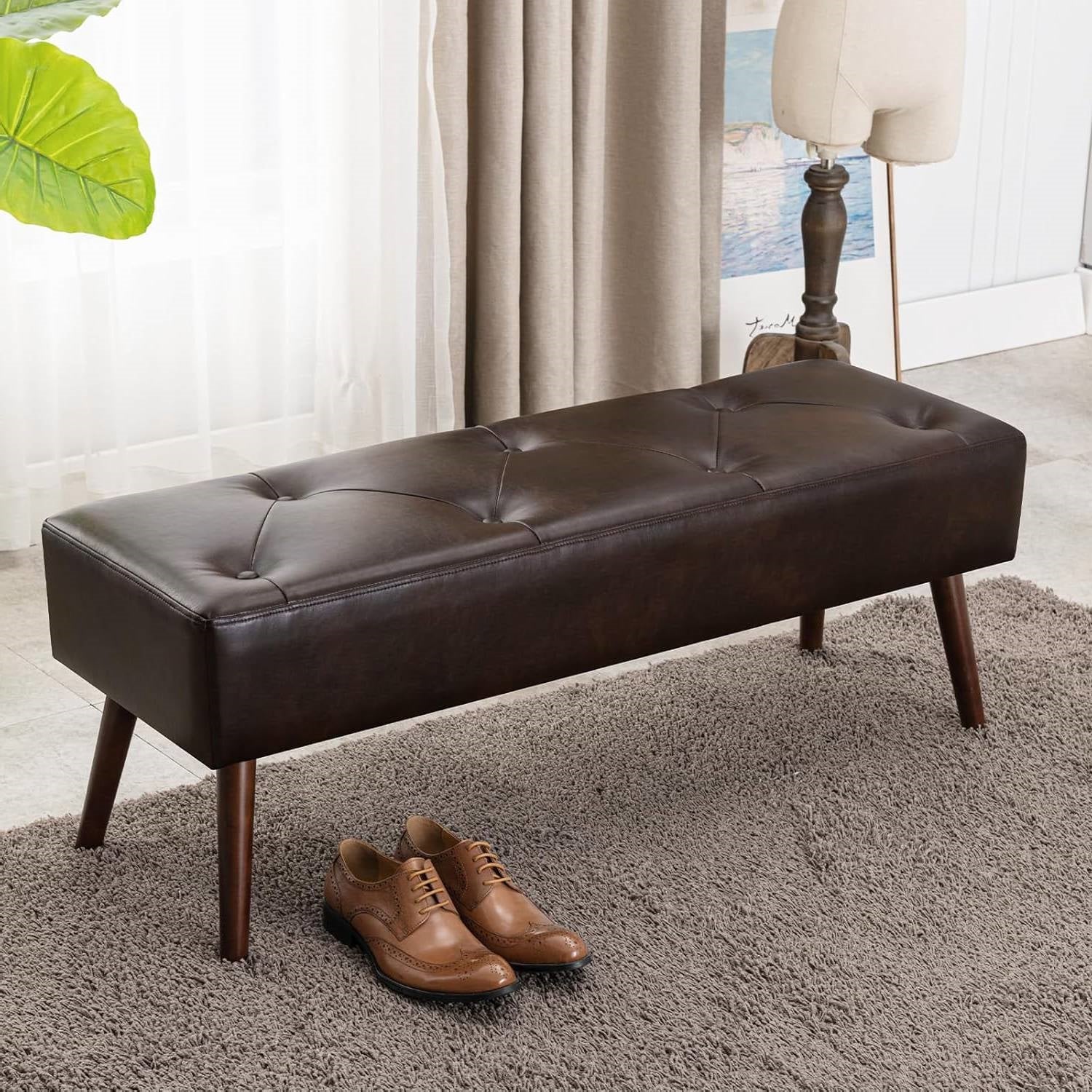Mid-Century Bed Bench with Dark Brown Leather Upholstered Seat Solid Wood Legs - Image 3