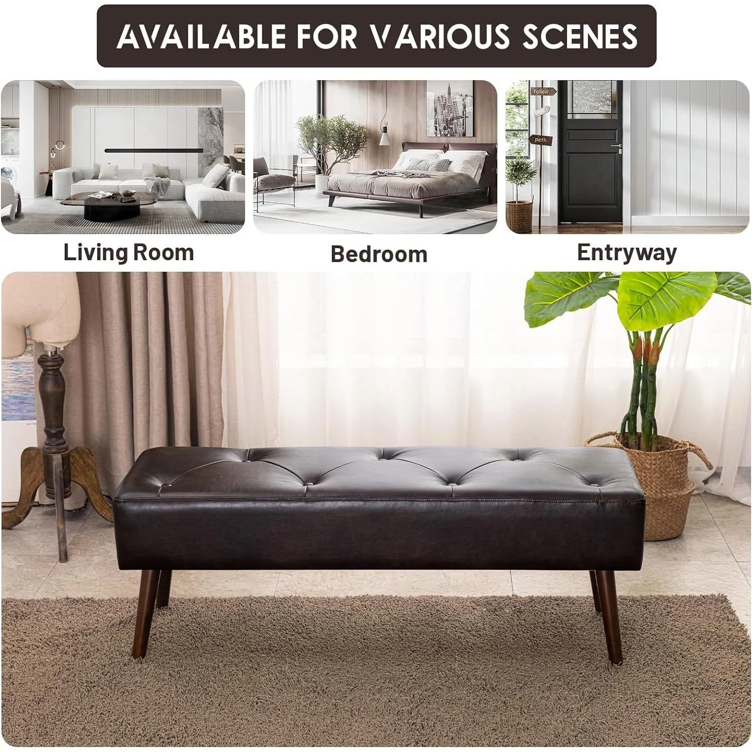 Mid-Century Bed Bench with Dark Brown Leather Upholstered Seat Solid Wood Legs - Image 4