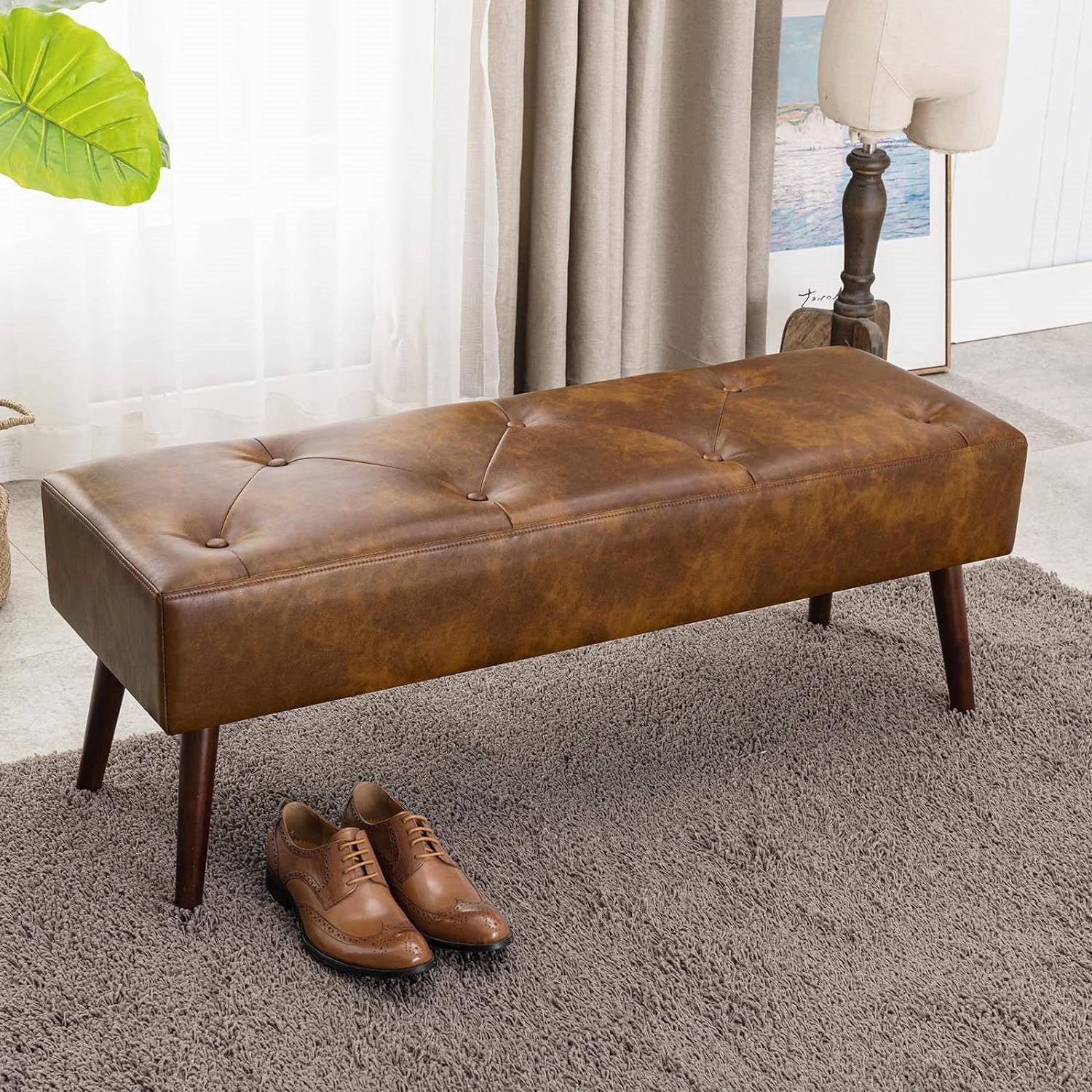 Mid-Century End of Bed Bench with Brown Leather Upholstered Seat Solid Wood Legs - Image 2