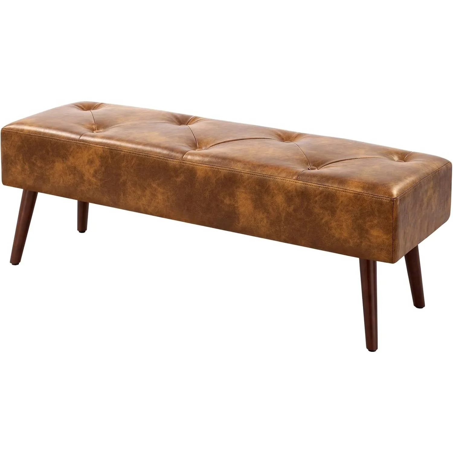 Mid-Century End of Bed Bench with Brown Leather Upholstered Seat Solid Wood Legs - Image 3