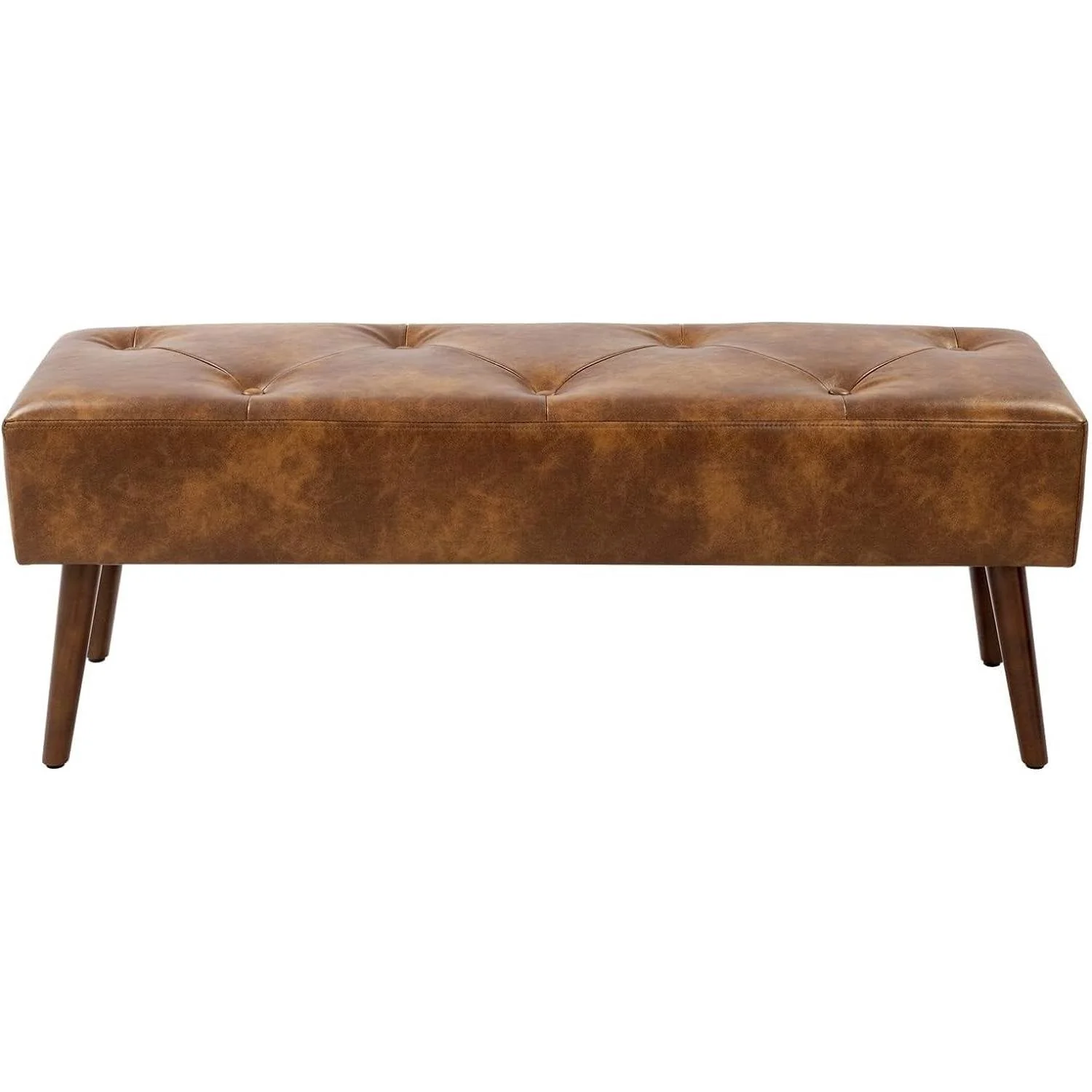 Mid-Century End of Bed Bench with Brown Leather Upholstered Seat Solid Wood Legs - Image 4
