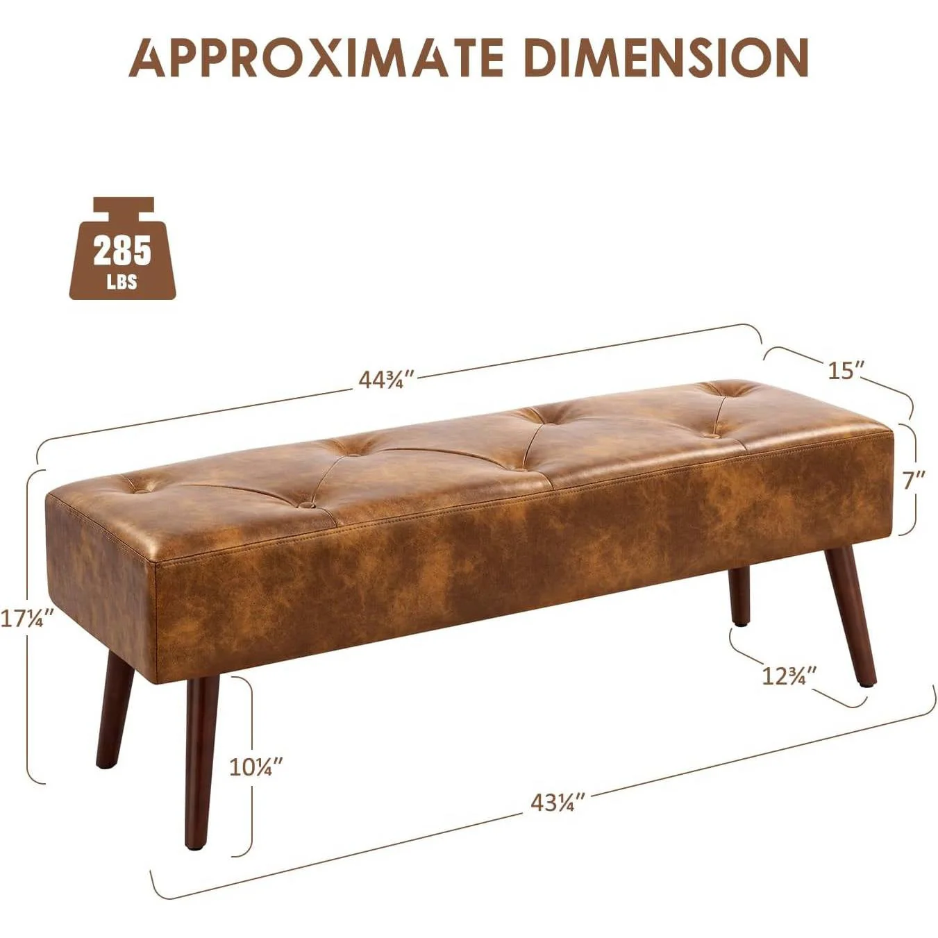 Mid-Century End of Bed Bench with Brown Leather Upholstered Seat Solid Wood Legs - Image 5